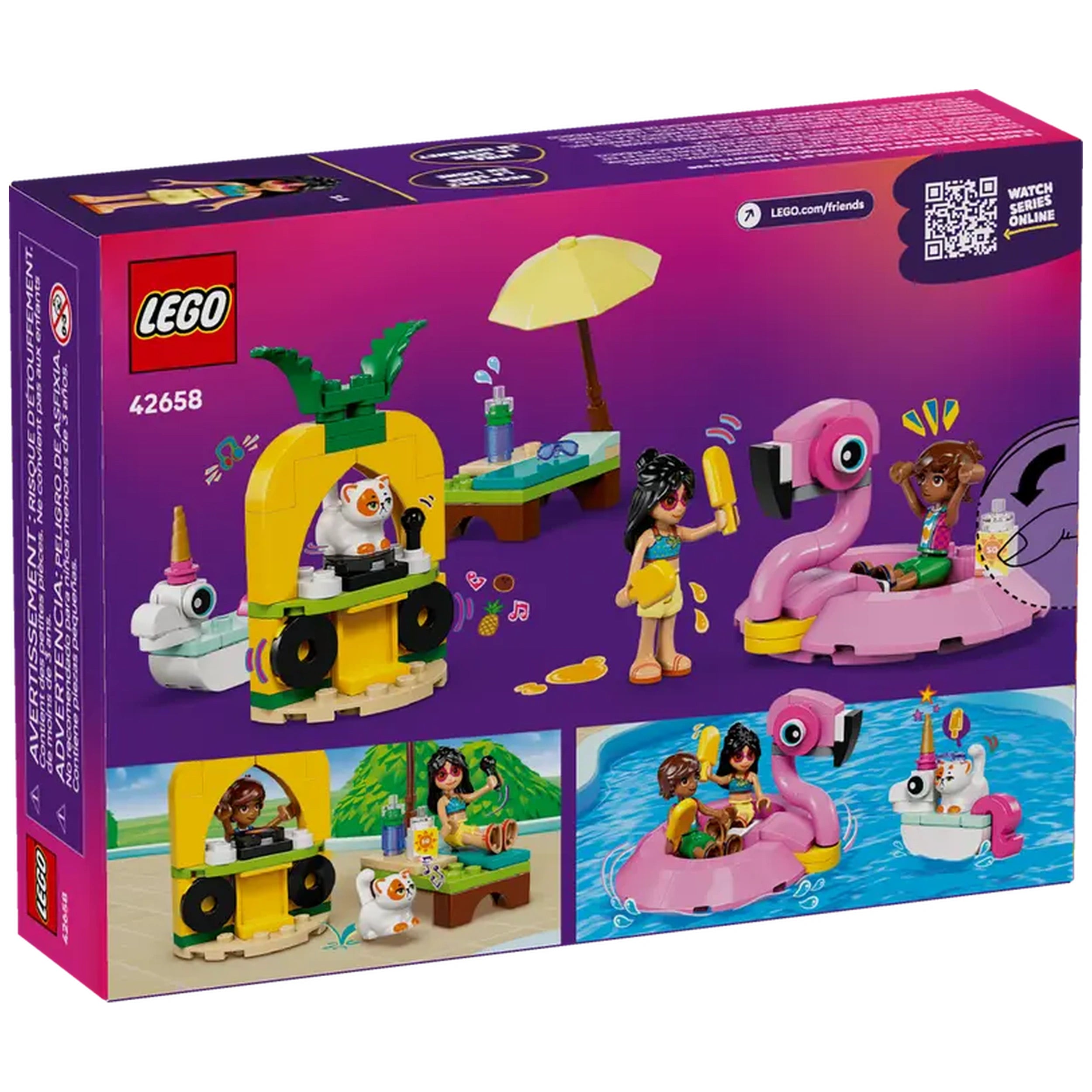 Colorful LEGO Friends set featuring a pool party scene with characters Leo and Liann, a flamingo floatie, and Churro the cat.