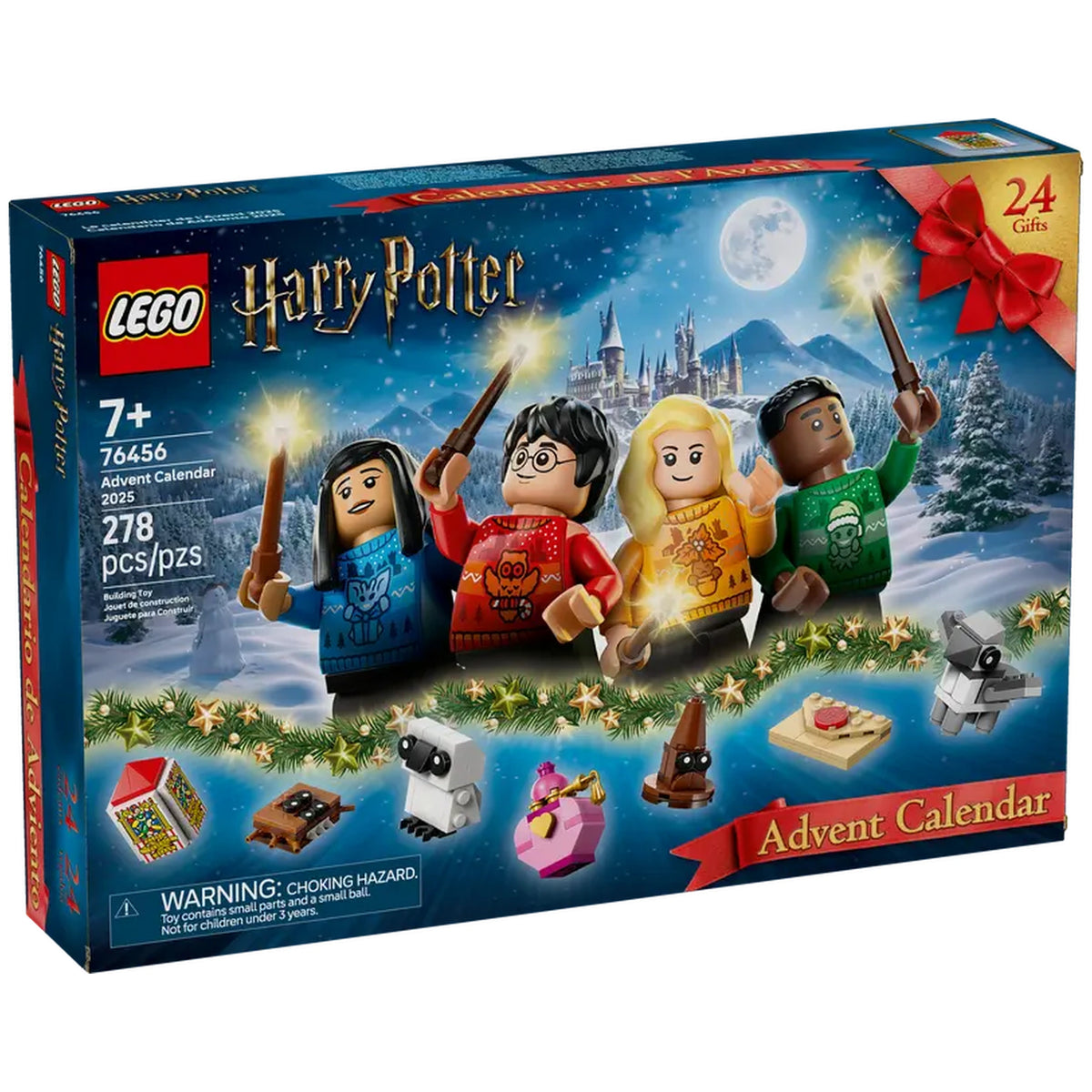 LEGO Harry Potter Advent Calendar 2025 featuring four minifigures in festive jumpers holding wands against a snowy backdrop.