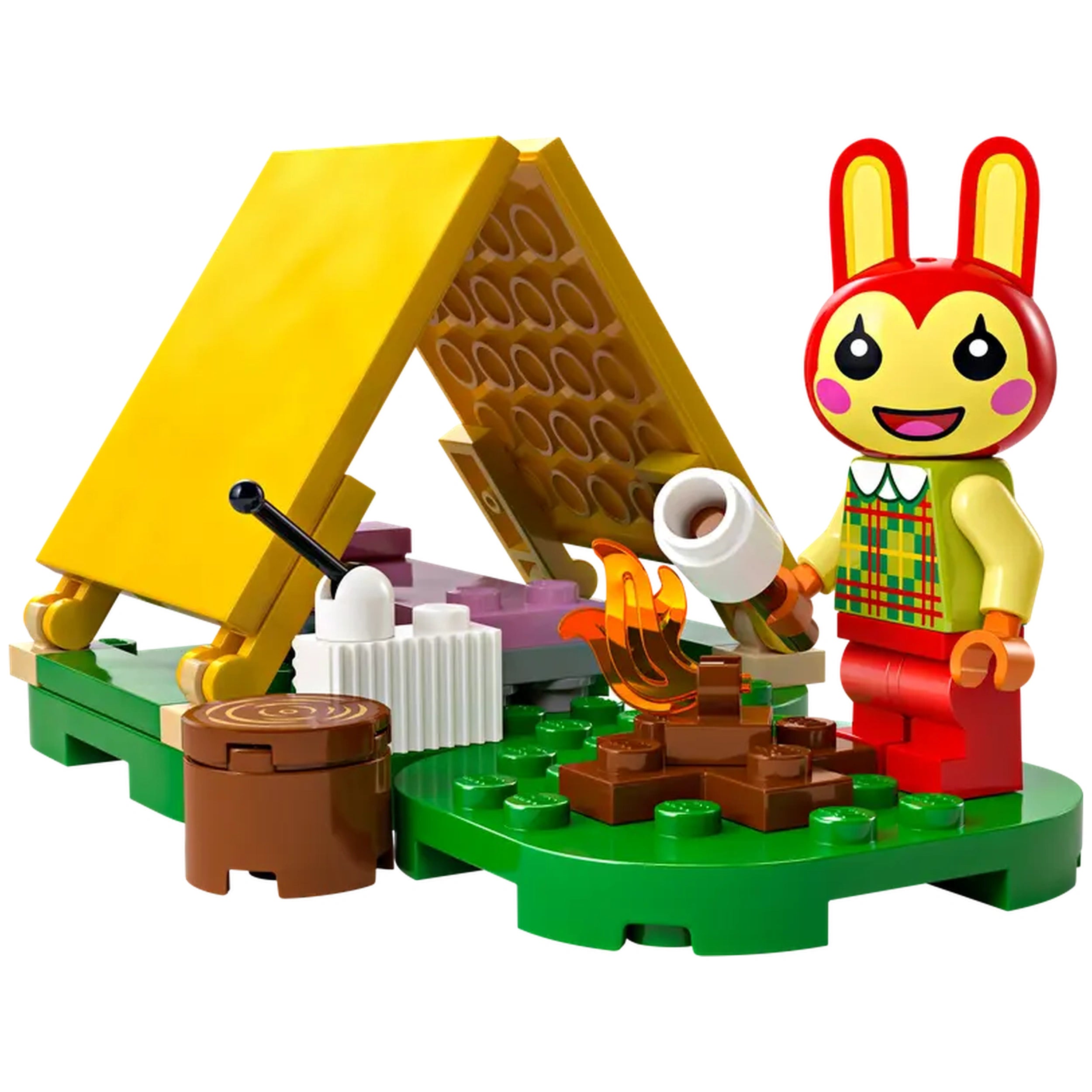 LEGO® Animal Crossing™ Bunnie's Outdoor Activities set featuring a yellow tent, a cute bunny minifigure, and a campfire scene with accessories.