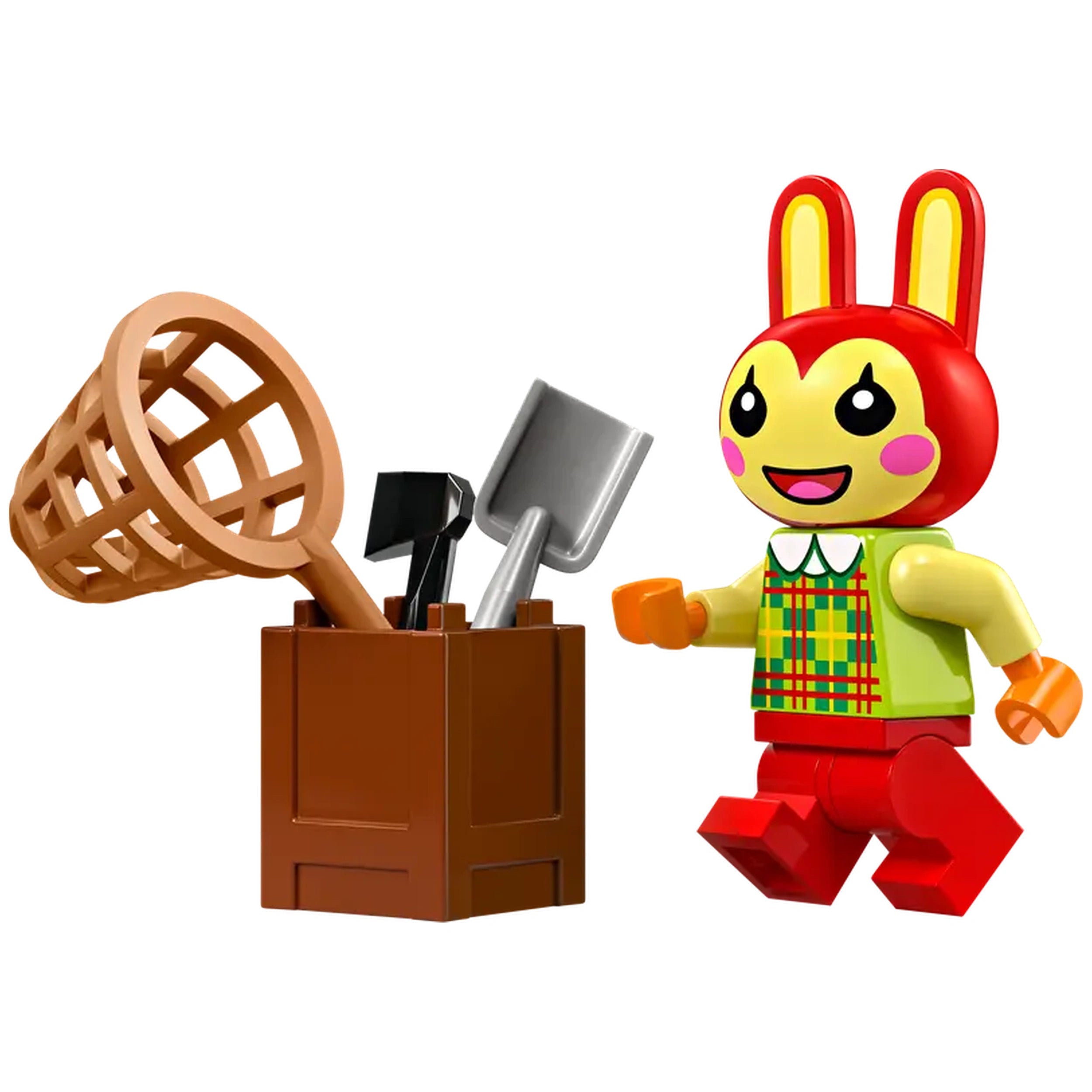 Colorful LEGO® Animal Crossing™ Bunnie minifigure with a cheerful expression, running next to a box containing a bug net, shovel, and axe.