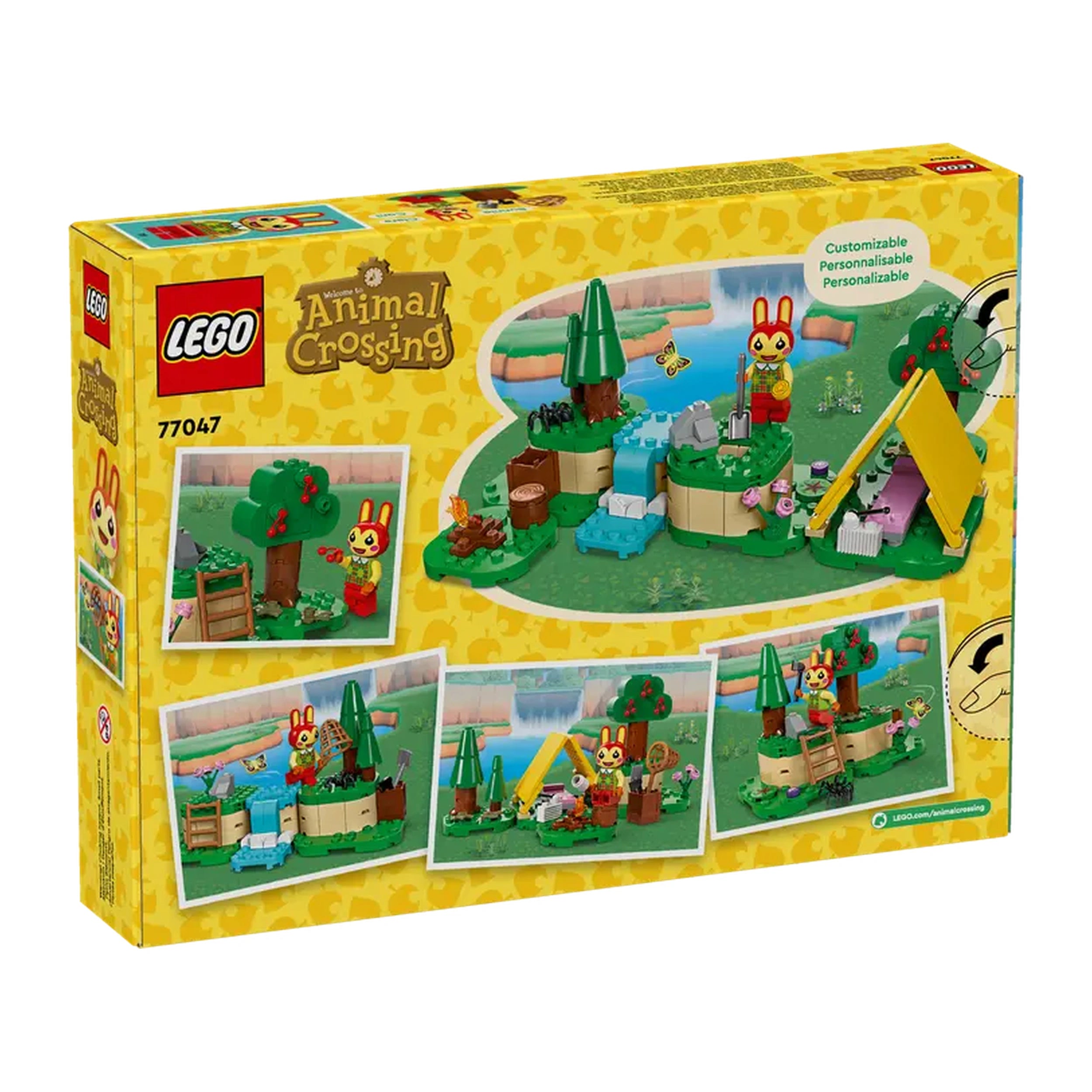 LEGO® Animal Crossing™ Bunnie's Outdoor Activities set featuring a vibrant campsite scene with a minifigure, tent, trees, and accessories.