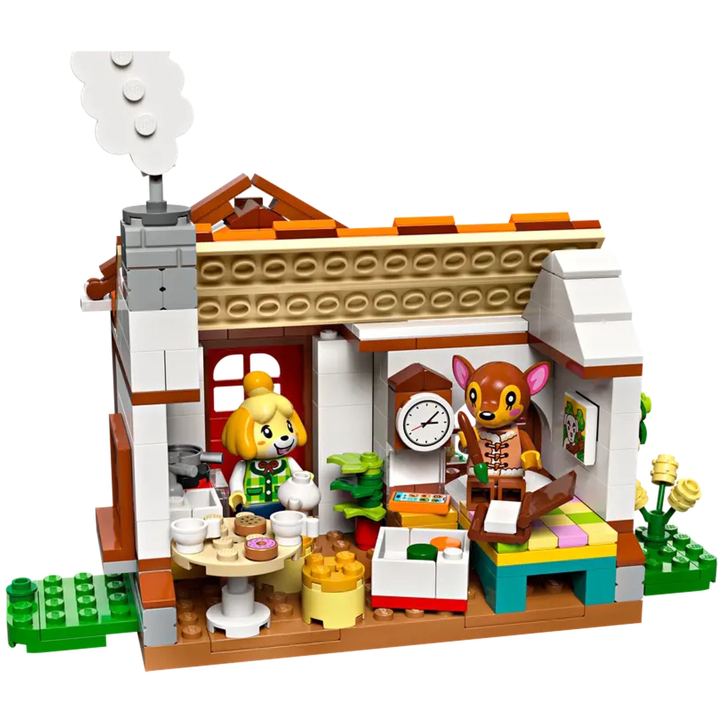 LEGO® Animal Crossing™ Isabelle's House Visit set features a cozy interior with Isabelle and a brown deer character. The room includes a round table with cookies, a clock, and colorful furniture, surrounded by plants and flowers.
