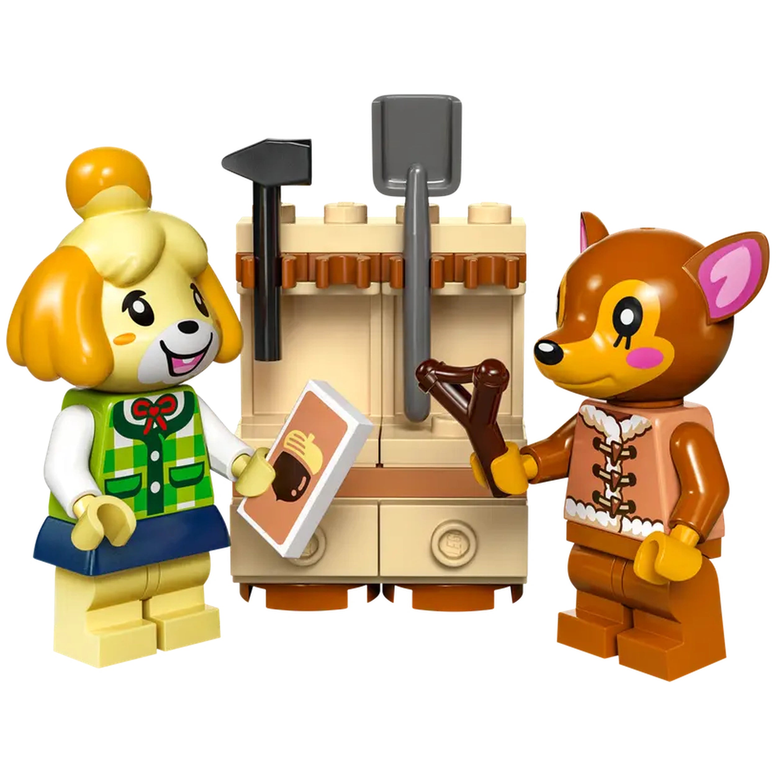 LEGO® Animal Crossing™ figures of Isabelle and Fauna stand next to a colorful workbench, with tools and a recipe card in hand.
