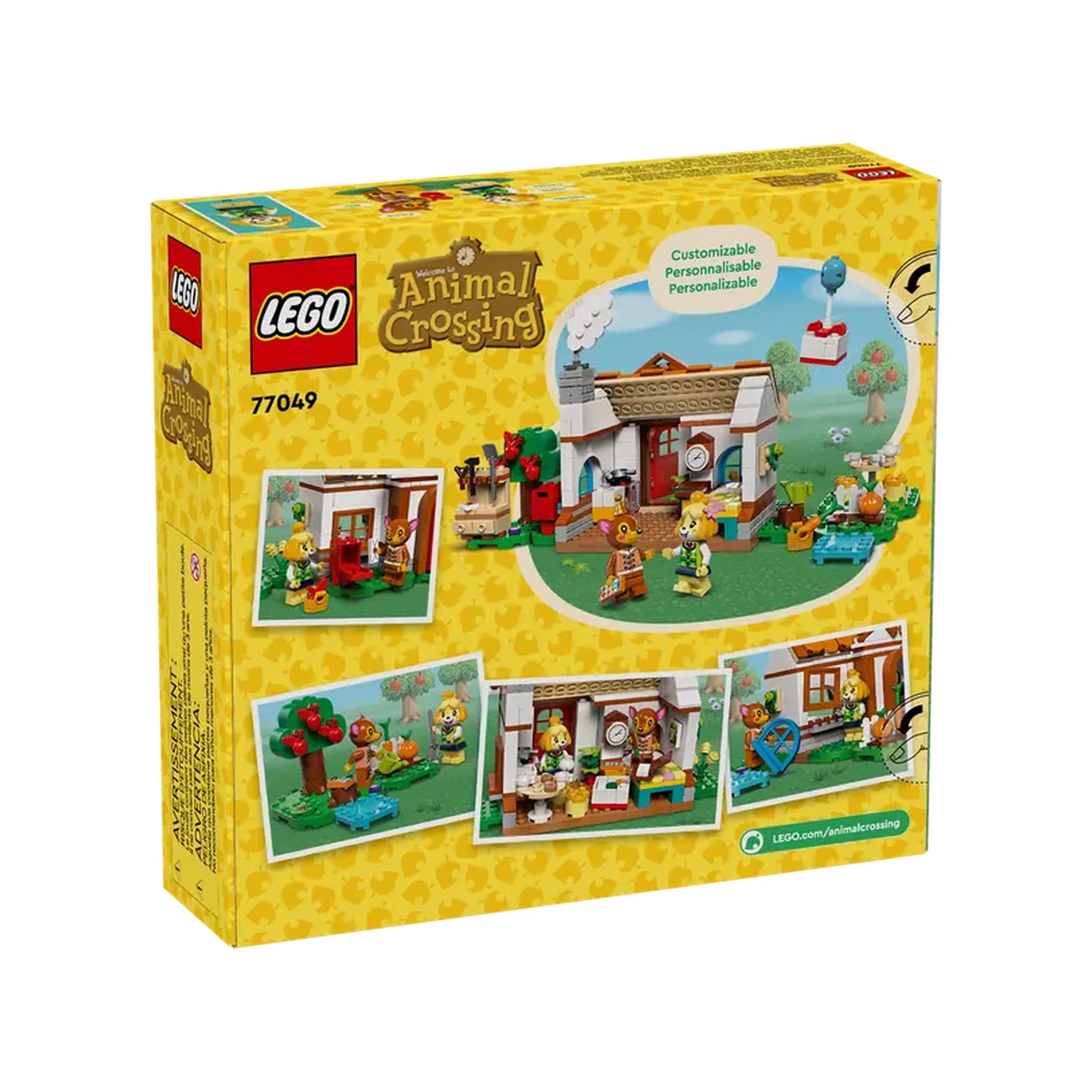 LEGO® Animal Crossing™ Isabelle’s House Visit set packaging features a vibrant yellow background adorned with playful graphics. The front showcases a detailed image of Isabelle's house, surrounded by colorful trees and characters. Smaller images depict scenes inside the house, highlighting interactive elements and accessories, inviting children to explore and create their own adventures. The set number 77049 is displayed prominently.