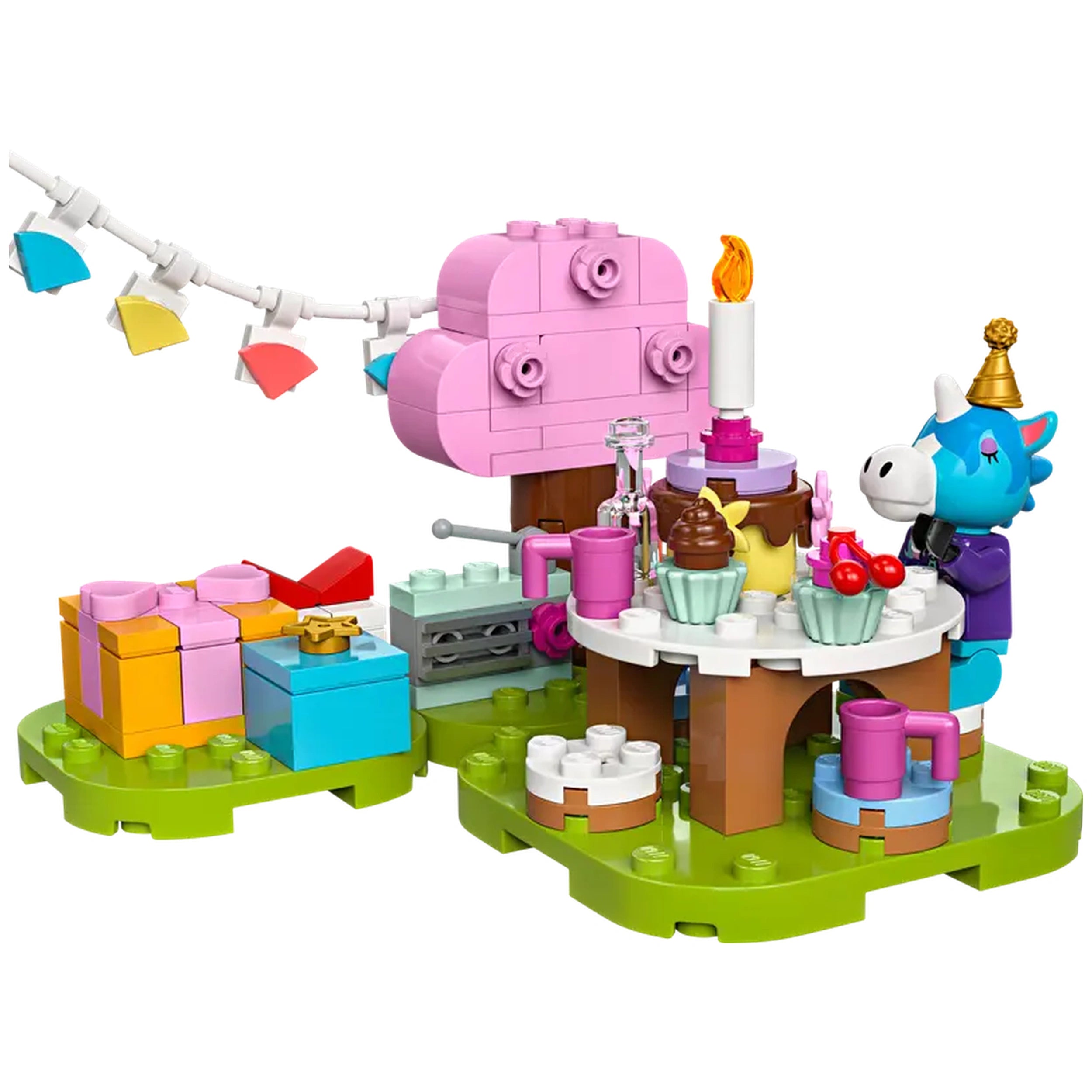 Colorful LEGO construction set depicting Julian's Birthday Party with a pink tree, a festive table with a cake, cupcakes, and gifts in vibrant colors.