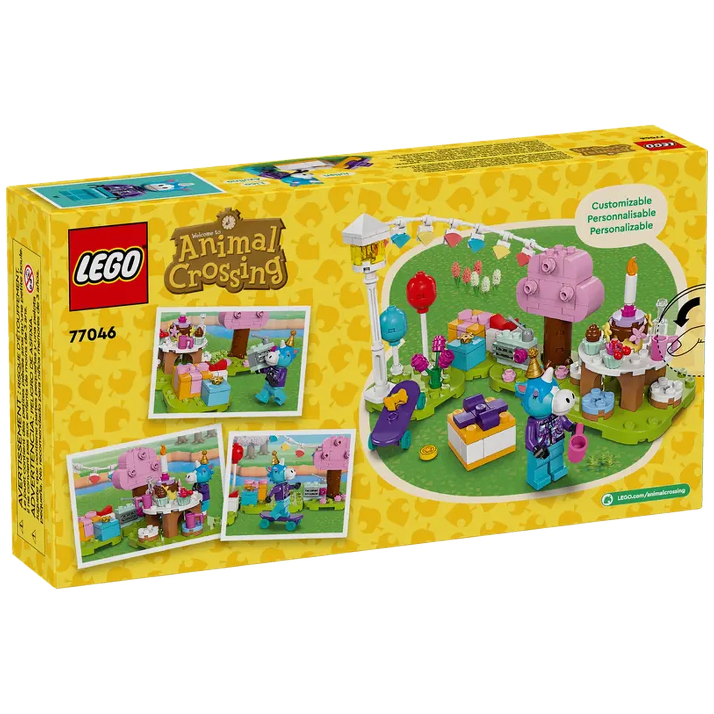 LEGO Animal Crossing Julian's Birthday Party set featuring colorful trees, a birthday cake, gifts, and festive decorations in a joyful scene.