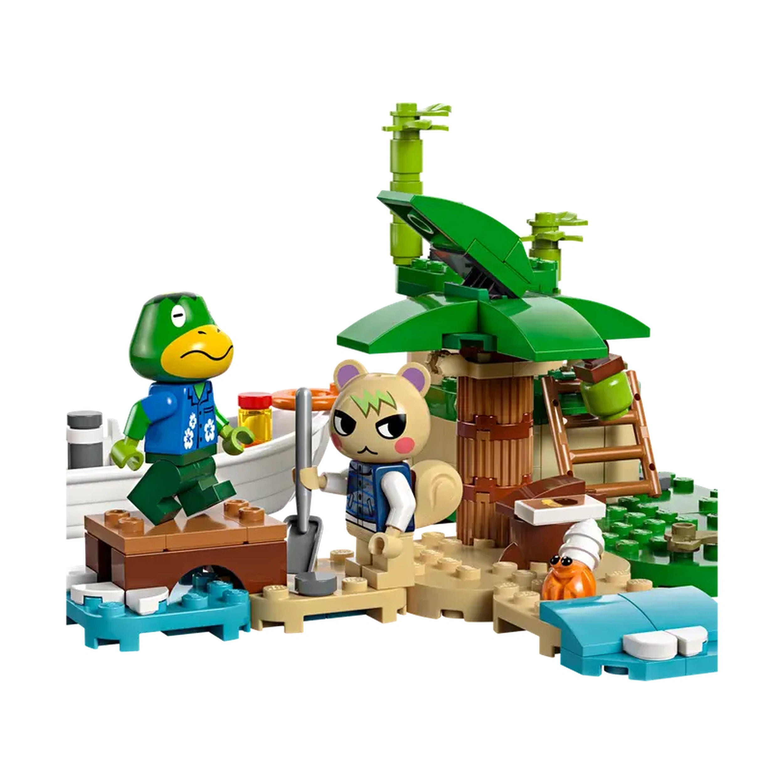 LEGO Animal Crossing Kapp’n’s Island Boat Tour set features Kapp’n the turtle and Marshal the squirrel near a palm tree, on a colorful island.