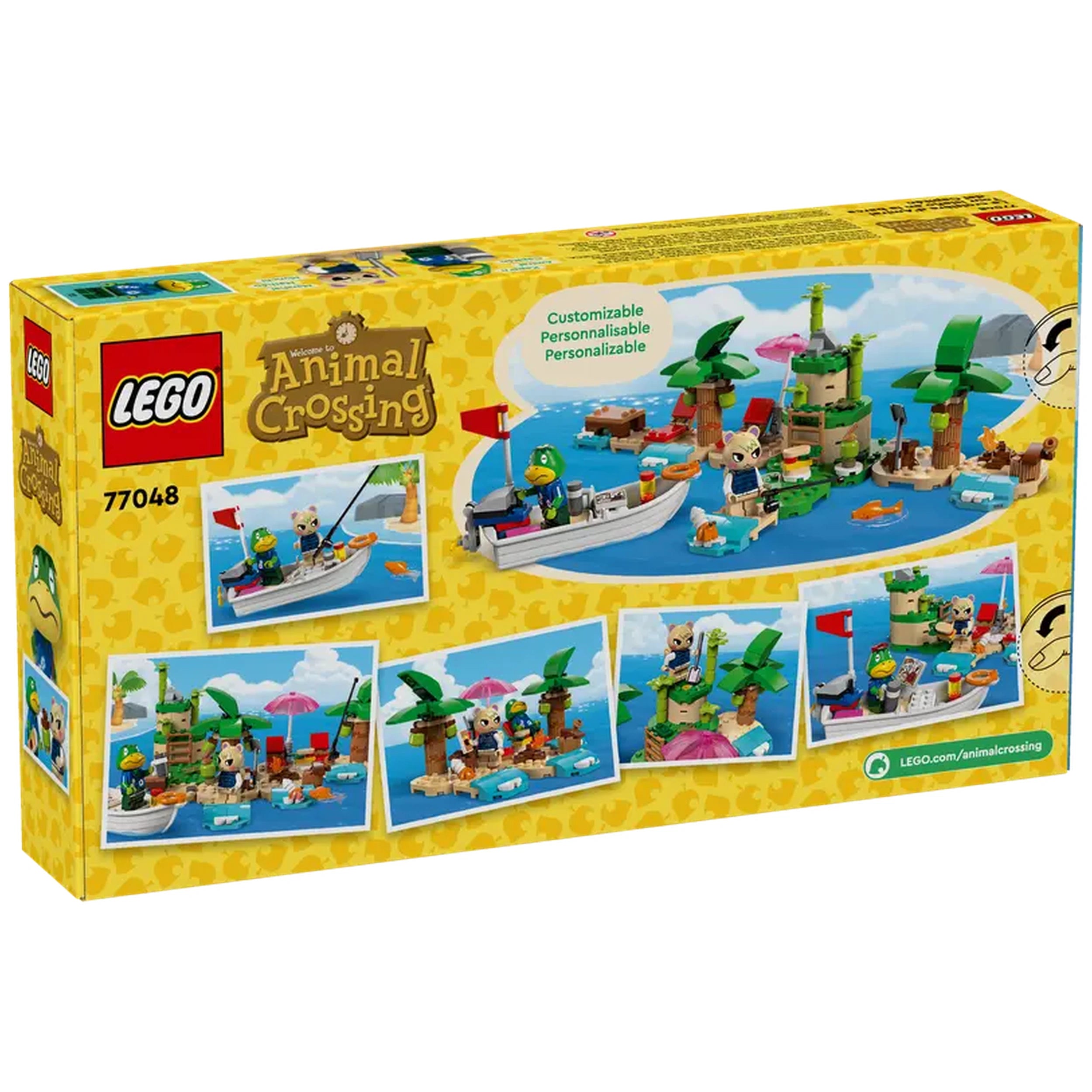 LEGO Animal Crossing Kapp’n’s Island Boat Tour set displayed on a colorful box, featuring Kapp’n and Marshal, a boat, and a vibrant island scene with palm trees, fishing rod, and playful animals.