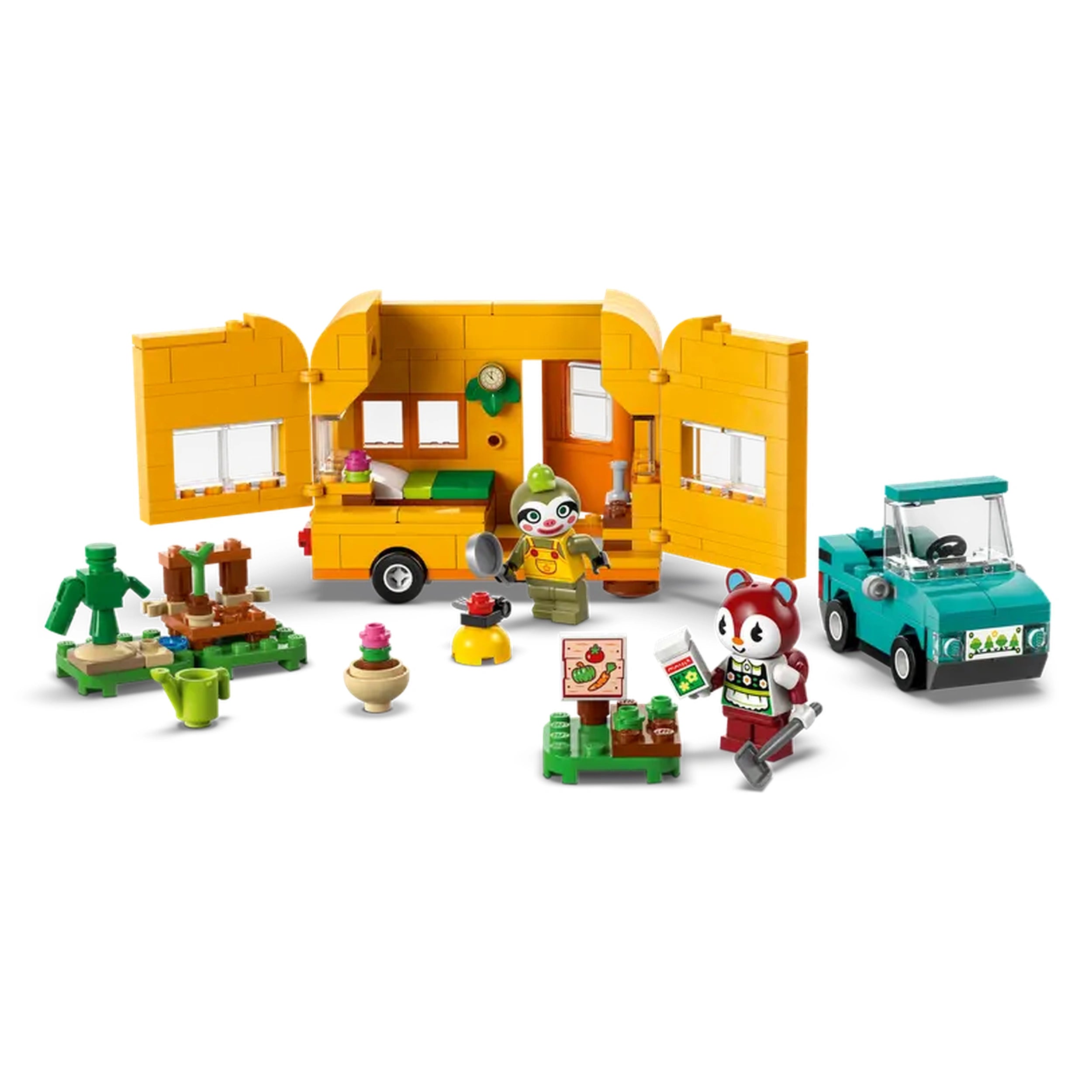 LEGO Animal Crossing Leif's Caravan & Garden Shop set featuring Leif the sloth and Poppy the squirrel, vibrant yellow caravan, miniature car, and various gardening accessories.