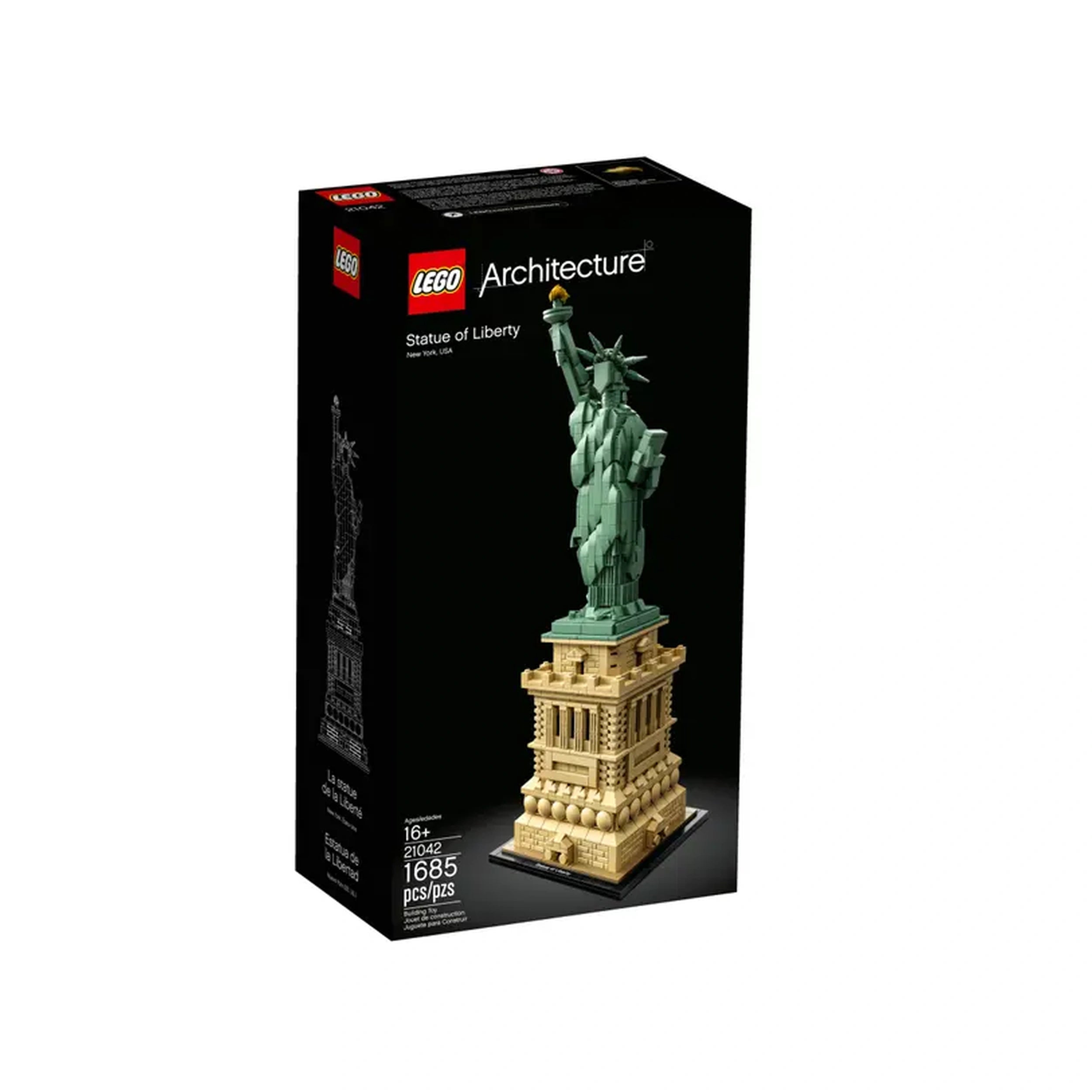 LEGO Architecture Statue of Liberty construction set showcases a detailed model of the iconic monument, featuring a green statue atop a tan pedestal, designed for ages 16 and up.
