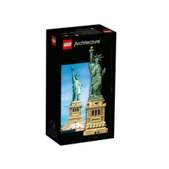 LEGO Architecture set featuring a detailed image of the Statue of Liberty alongside its grand pedestal, on a black box.