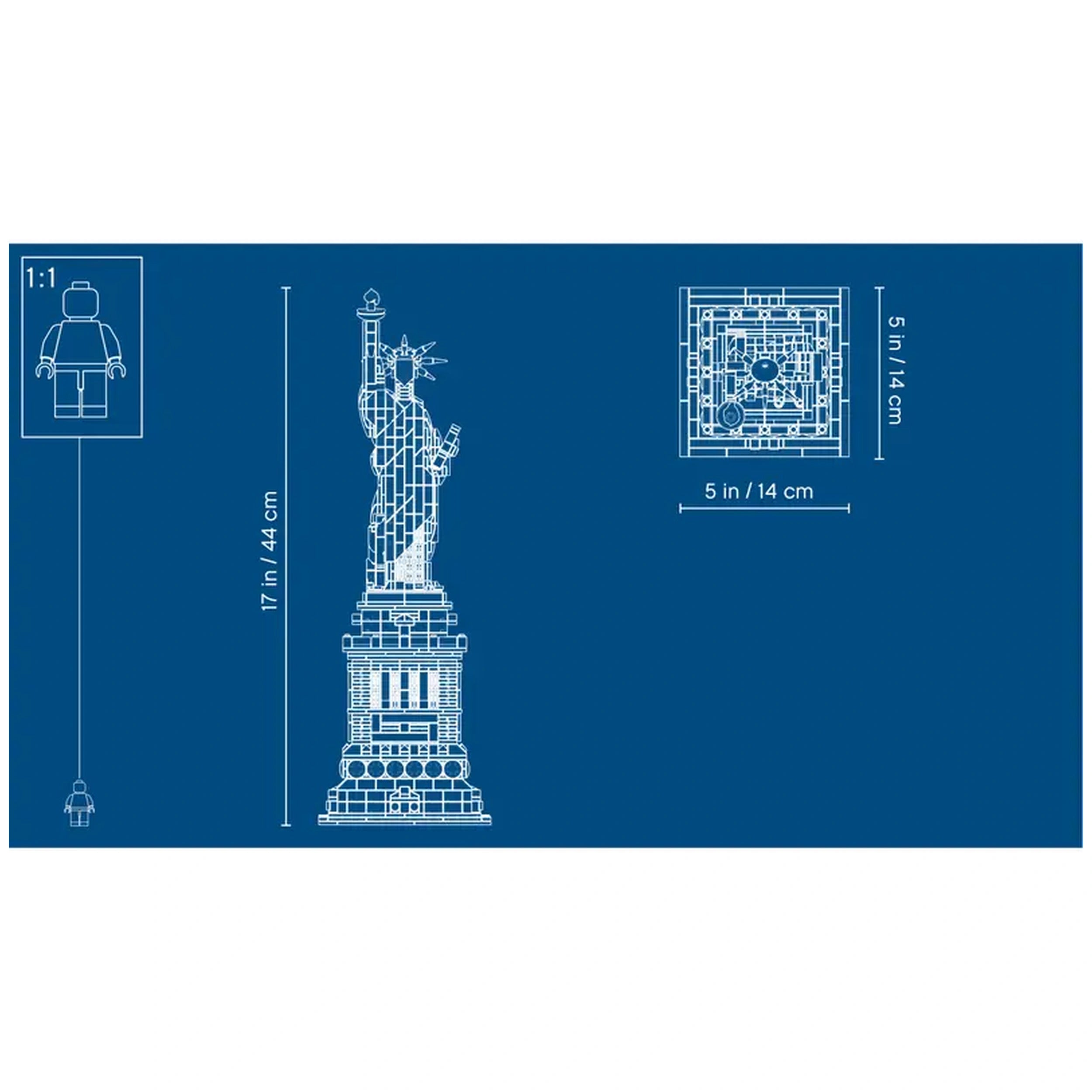 Detailed line drawing of the LEGO® Architecture Statue of Liberty model, depicting the statue's 17-inch height, intricate pedestal, and design elements on a blue background with size references.