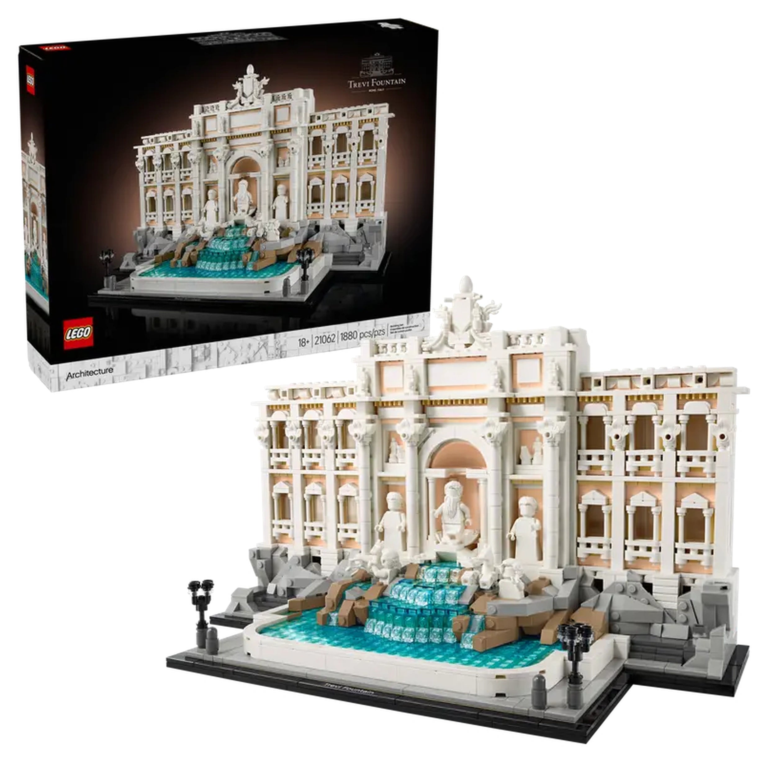 LEGO® Architecture Trevi Fountain set featuring intricate details, a flowing turquoise water fountain, and mini statues in a classic design.