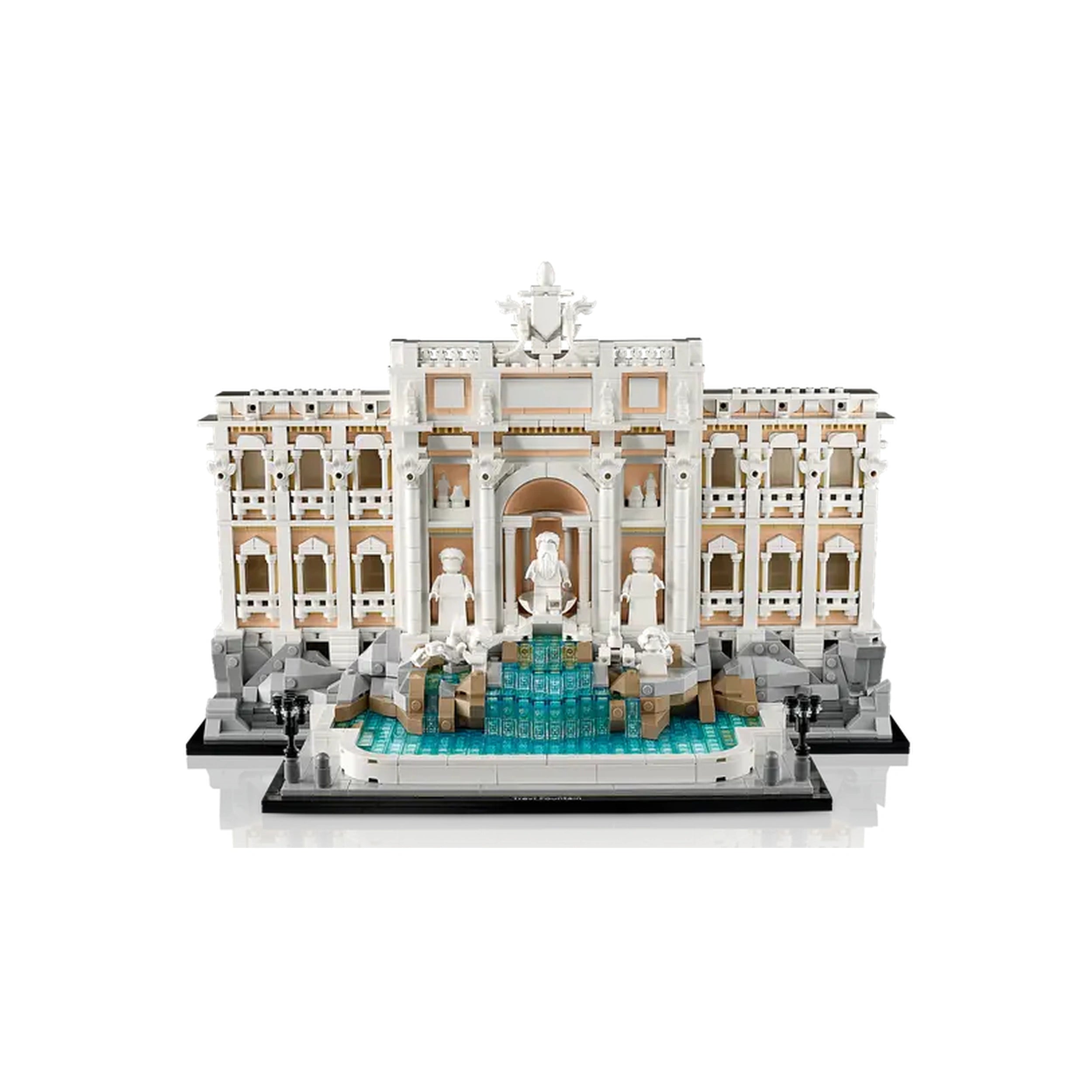 LEGO® Architecture Trevi Fountain set featuring a detailed replica with white and tan accents, intricate statues, and blue water elements.