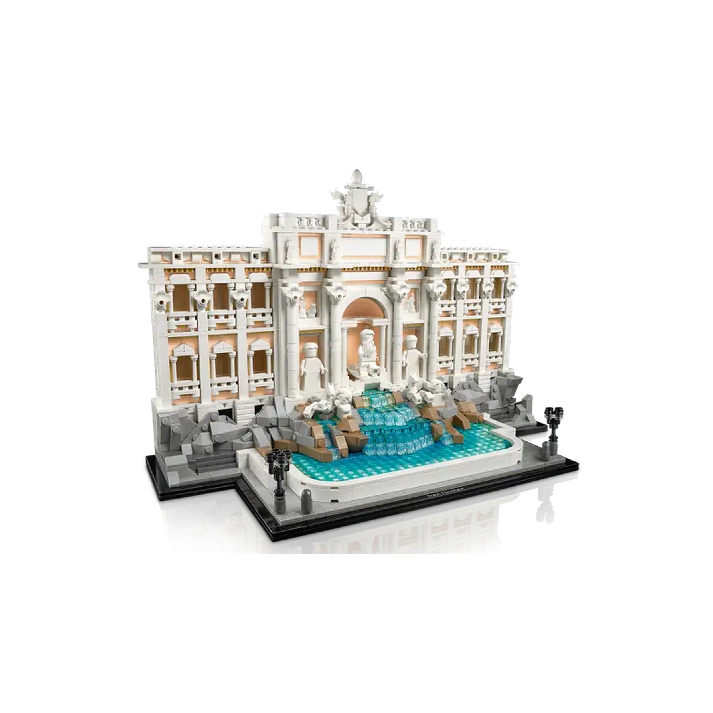 LEGO Architecture Trevi Fountain model with intricate white façade, detailed sculptures, and cascading blue water feature, set on a black base.