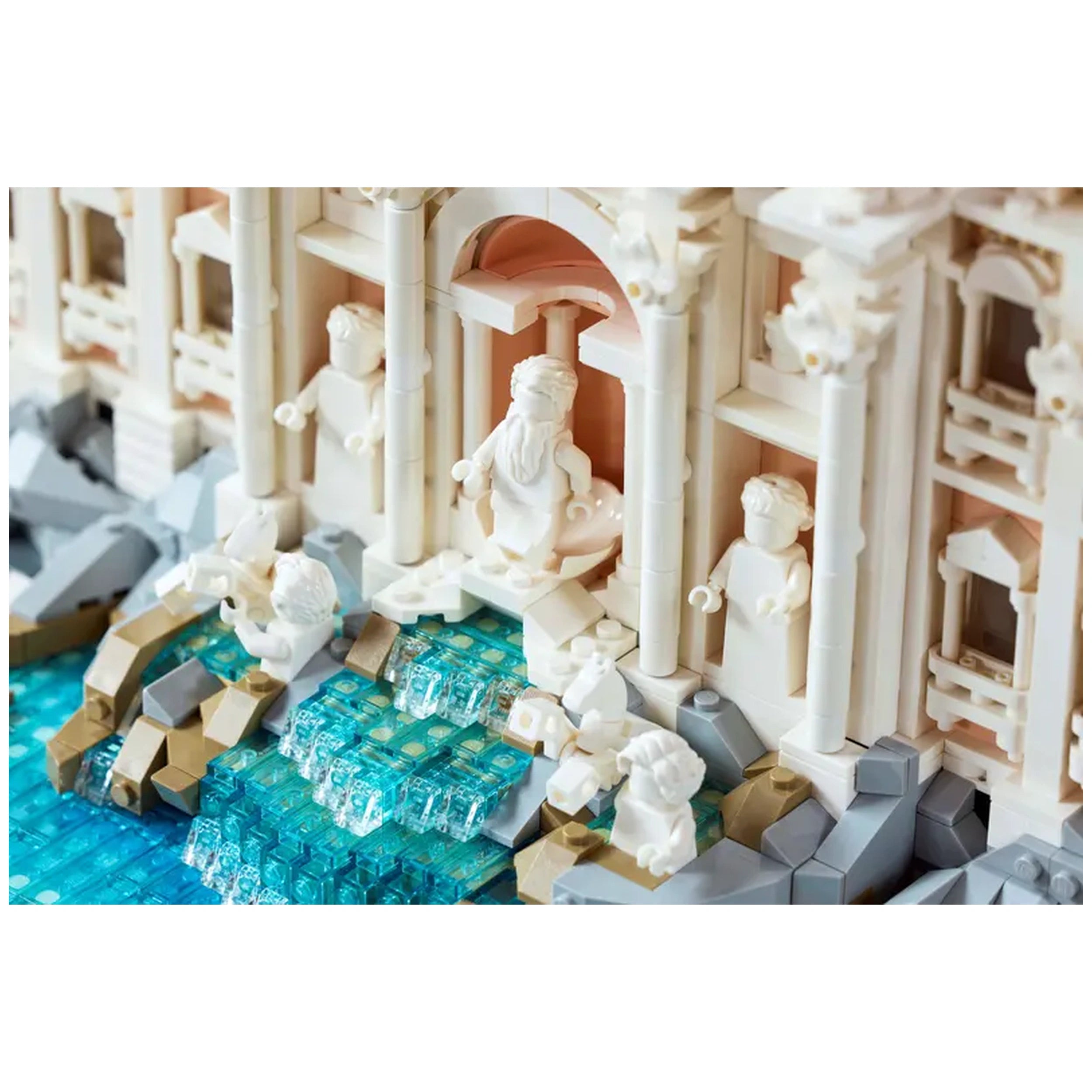 LEGO Architecture Trevi Fountain set, showcasing detailed white sculptures, flowing blue water, and intricate stonework, capturing Rome's iconic landmark.