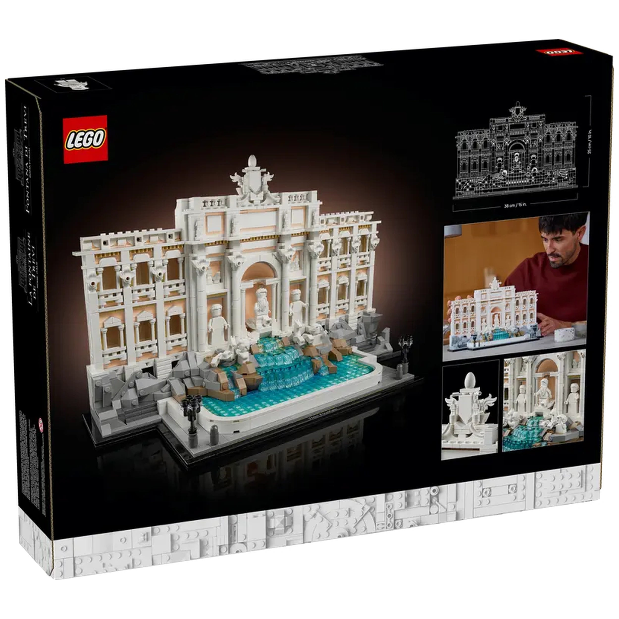LEGO Architecture Trevi Fountain set showcasing intricate details of the iconic fountain, with colorful water features and minifigures.
