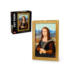 LEGO Art set featuring a detailed construction of the Mona Lisa, framed elegantly, with vibrant colors and mountain backdrop, complemented by the box design.
