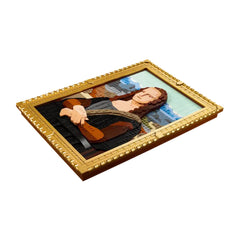 LEGO® Art recreation of the Mona Lisa features vibrant colors and intricate details, framed in an elegant gold border.