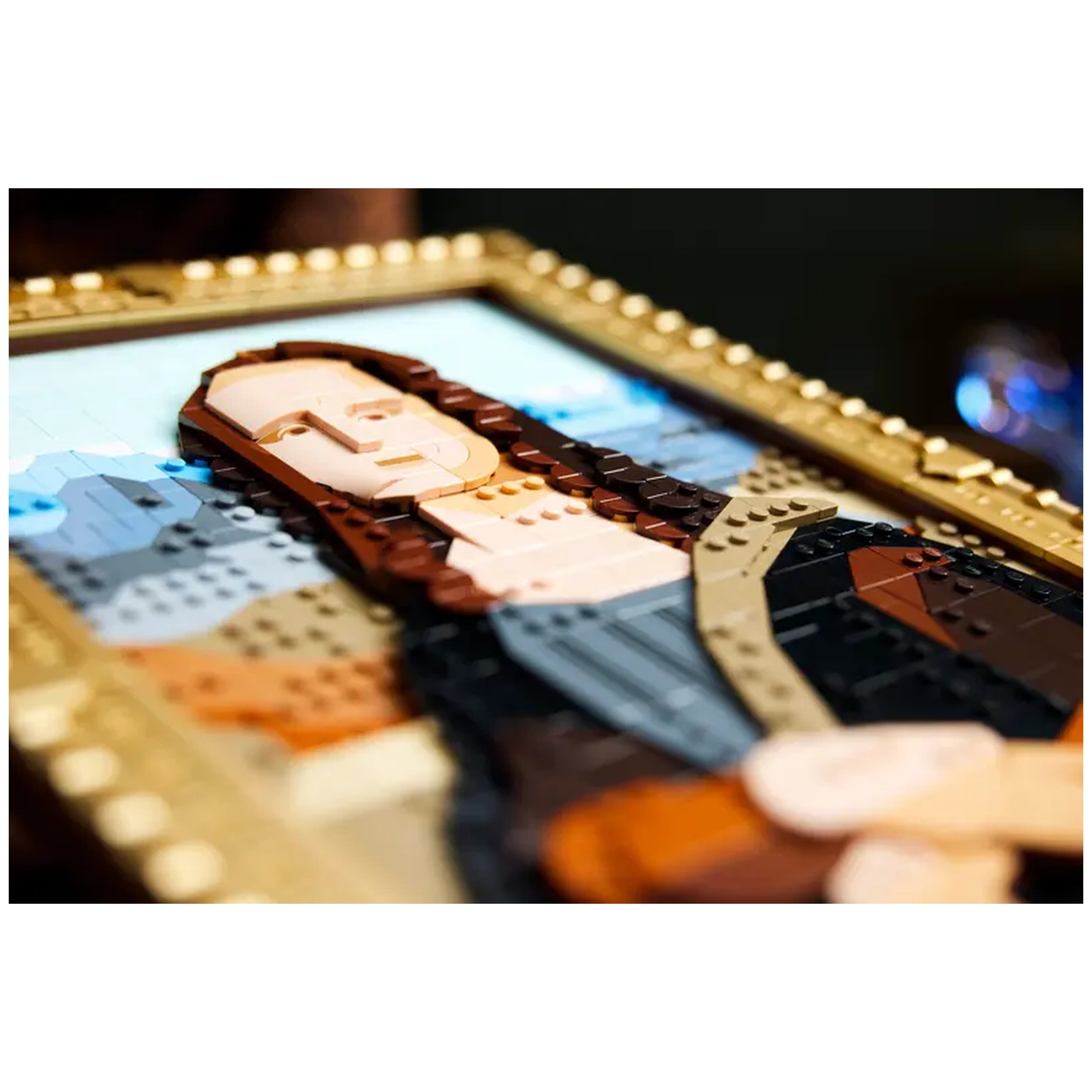 LEGO® Art set recreating the Mona Lisa with intricate colored bricks, framed in gold, displayed in a close-up view.