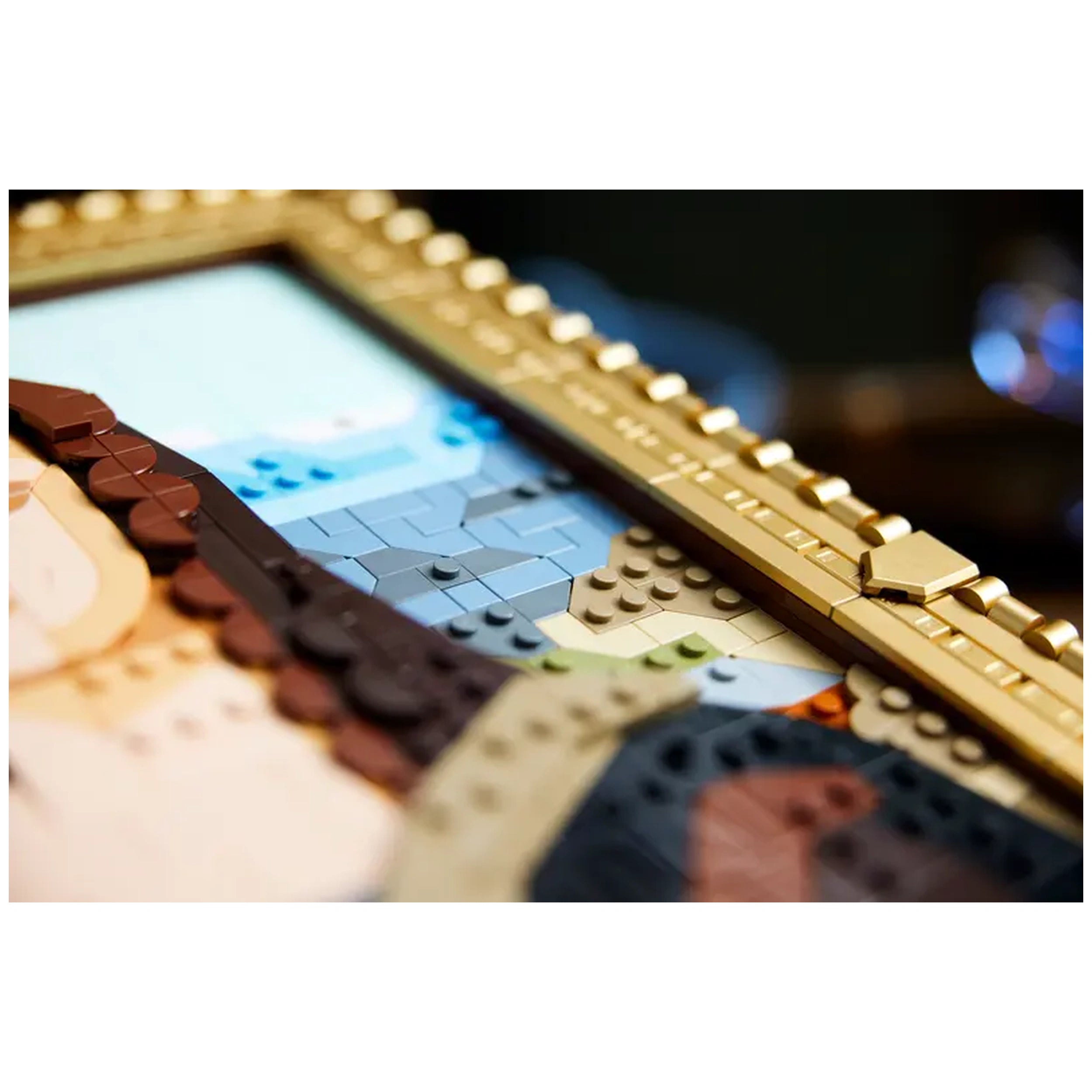 Close-up of a LEGO® Art Mona Lisa set, featuring colorful pieces forming the iconic painting, framed in an elegant gold border.