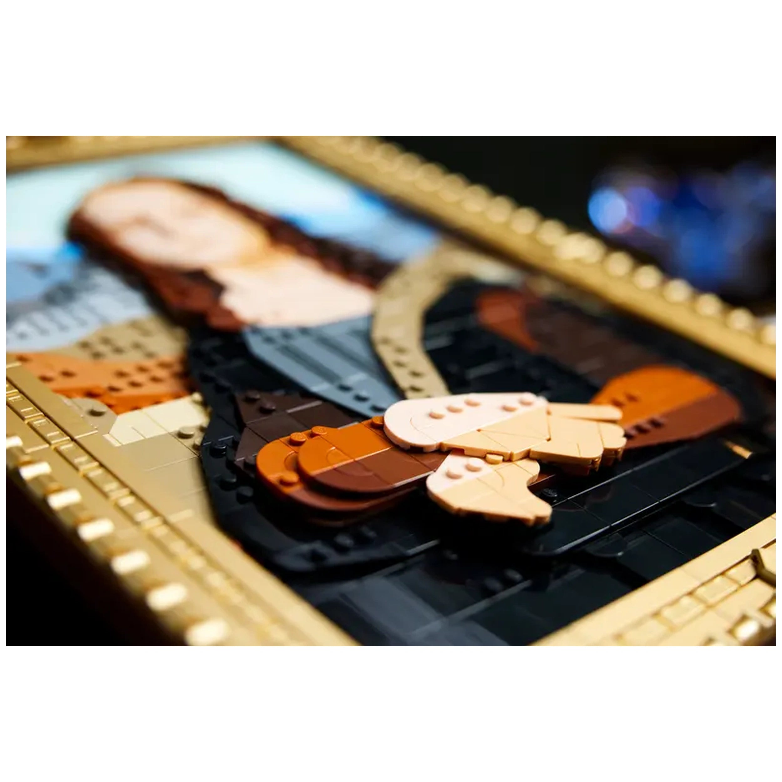 LEGO® Art Mona Lisa construction set featuring a detailed, colorful representation of the iconic painting inside a gold frame.