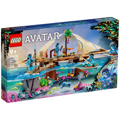 LEGO Avatar Metkayina Reef Home construction set featuring vibrant blue minifigures near a wooden structure, surrounded by colorful coral and water.