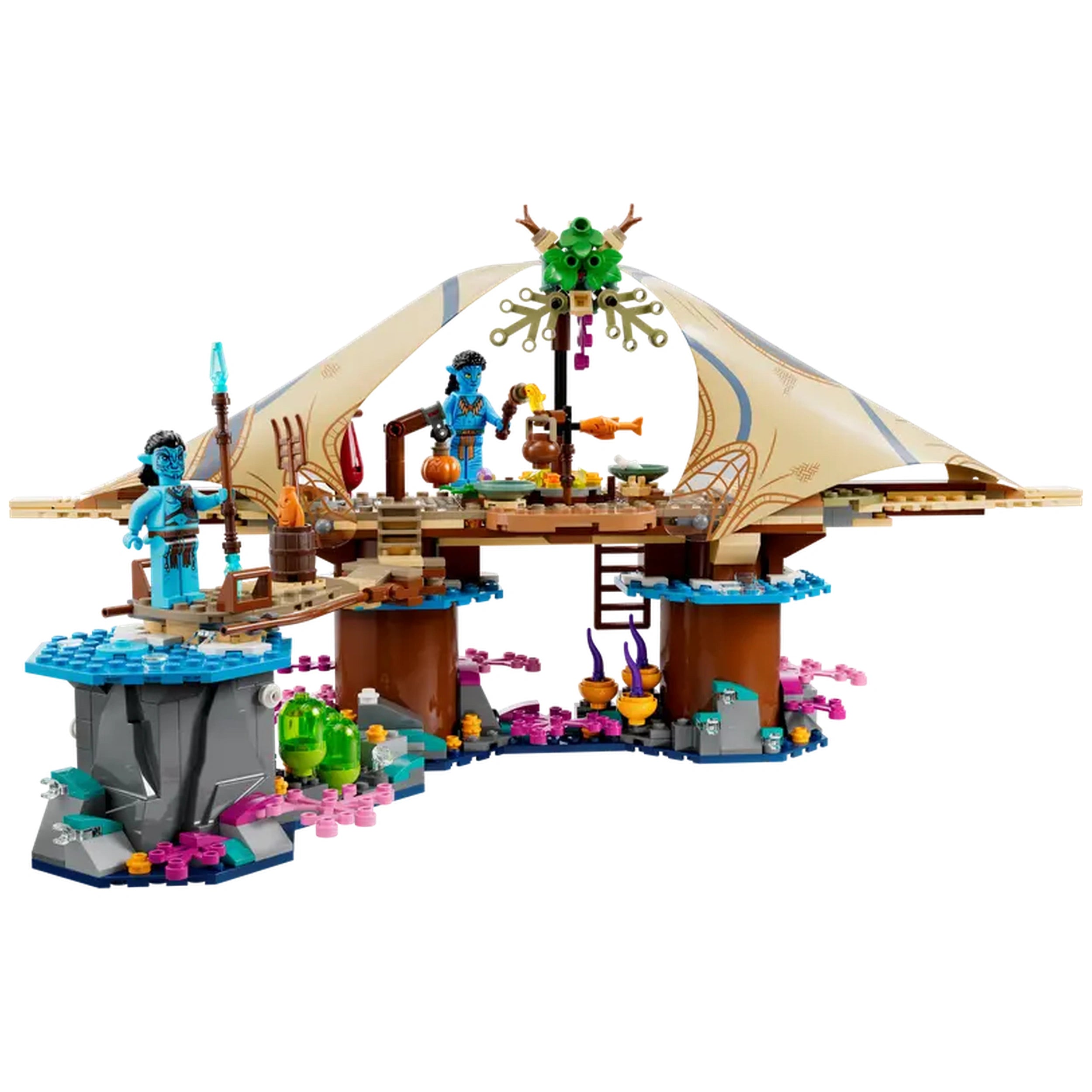 LEGO® Avatar Metkayina Reef Home construction set showcases a vibrant dwelling on a coral reef, featuring blue-skinned minifigures Neytiri and Ronal. The detailed structure features a tent-like rooftop, surrounded by colorful coral and mangrove-like greenery.