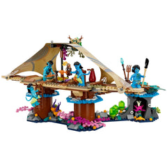 LEGO Avatar Metkayina Reef Home construction set featuring vibrant blue figures, intricate architecture, and colorful coral elements.