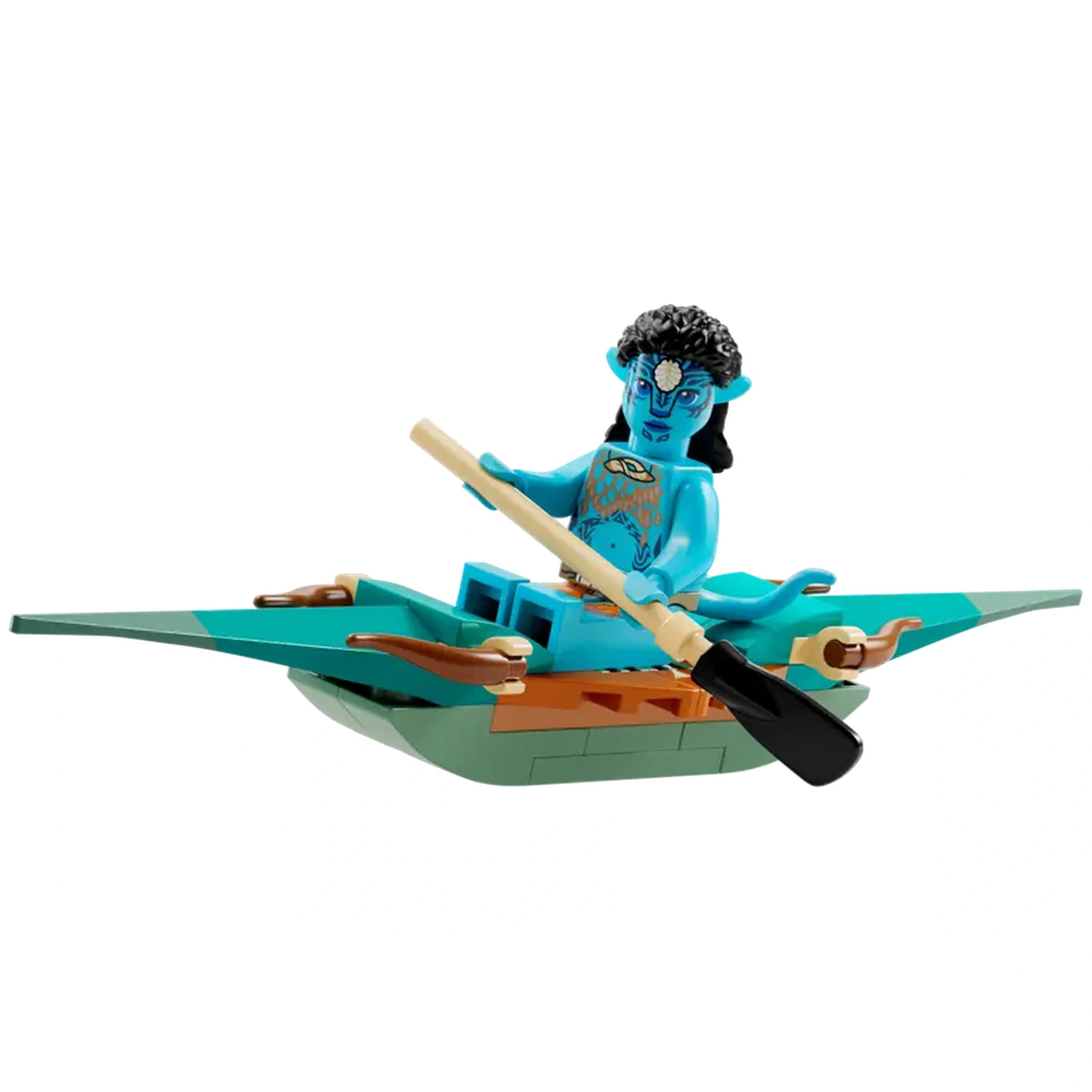 Lego Avatar figure in a green boat, paddling with a wooden oar, featuring vibrant blue skin and detailed expressive features.