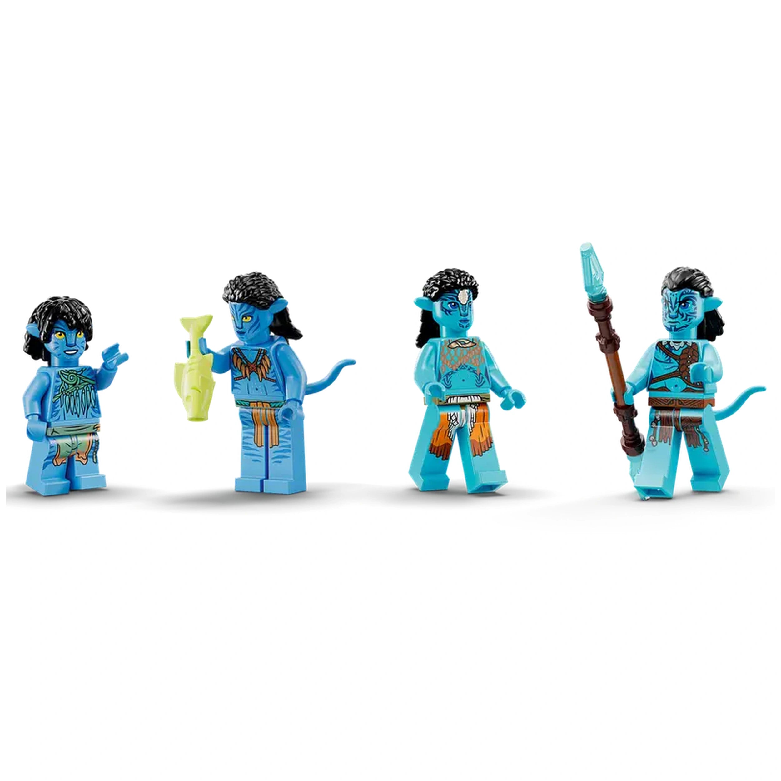 Four LEGO® Avatar Metkayina clan minifigures stand in a row, each depicting unique blue characters with detailed clothing and accessories. Two figures hold items: one with a spear and another with a yellow object, showcasing vibrant colors and intricate designs inspired by the film "Avatar: The Way of Water.