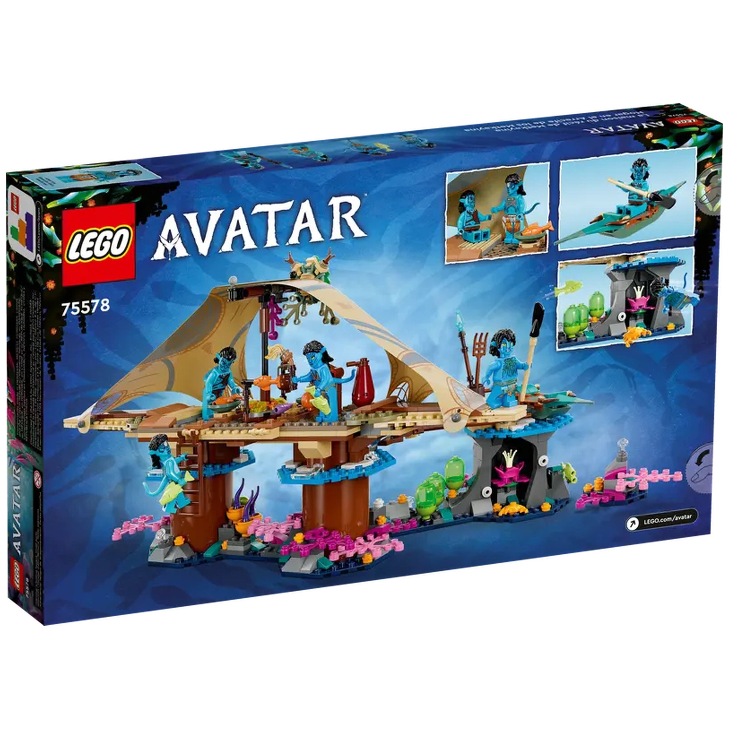 LEGO Avatar Metkayina Reef Home set featuring vibrant colors, intricate designs, with minifigures Neytiri, Kiri, Ronal, and Tonowari.