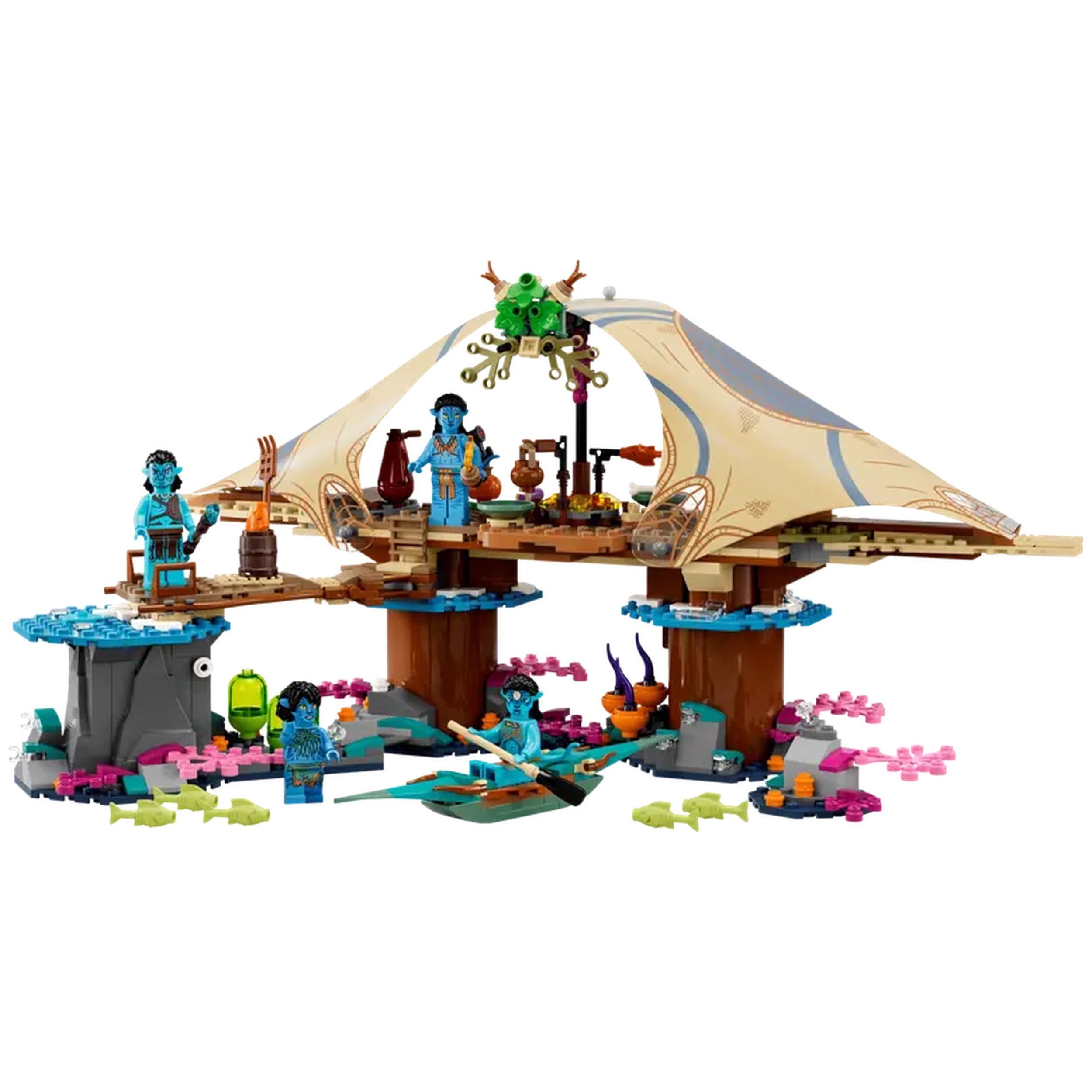 LEGO Avatar Metkayina Reef Home construction set featuring colorful coral reefs, detailed dwelling, and blue-skinned minifigures in vibrant attire.