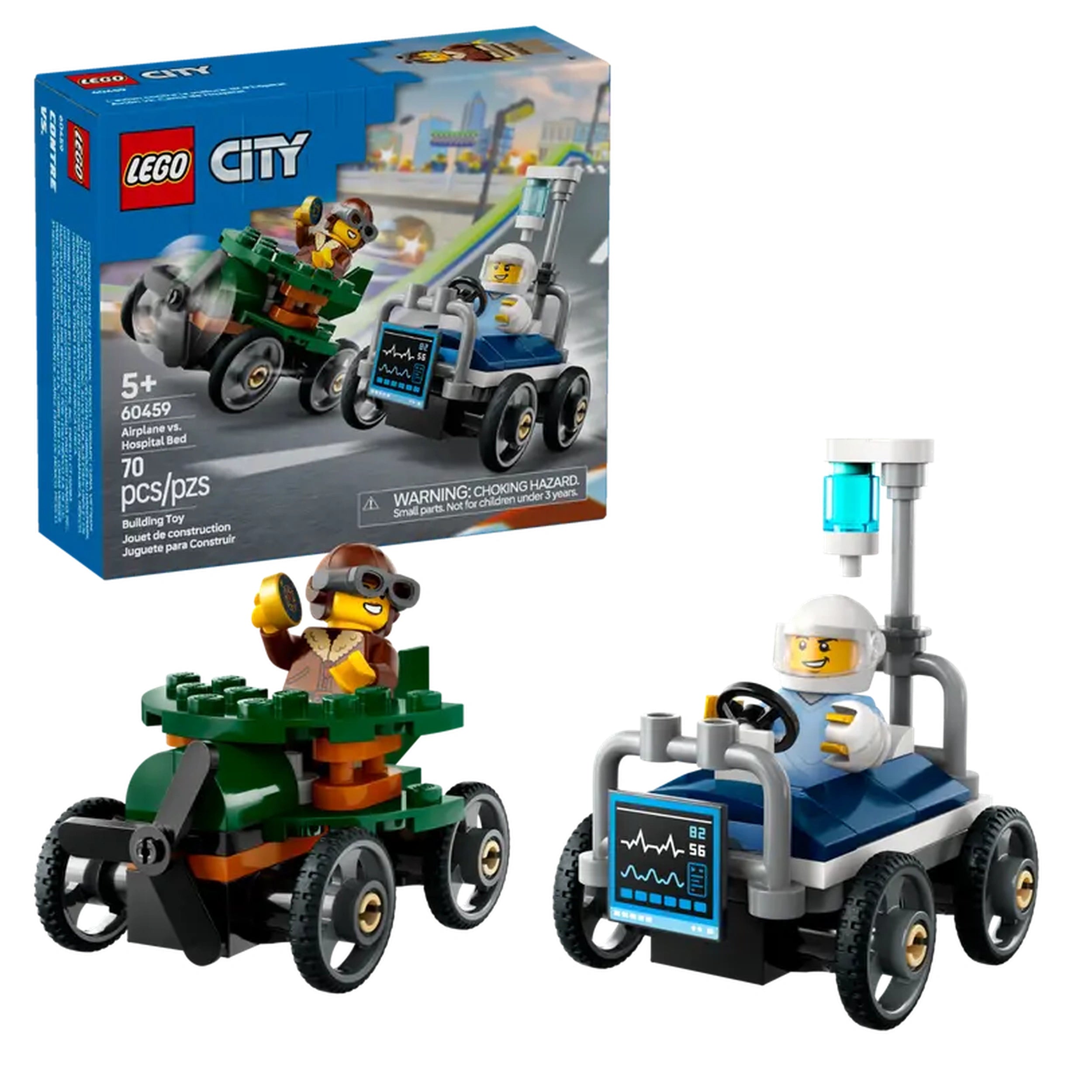 LEGO® City Airplane vs. Hospital Bed Race Car Pack featuring two colorful soapbox race cars, one green with a pilot minifigure and one blue hospital bed with a patient minifigure. The box showcases a vibrant city backdrop.