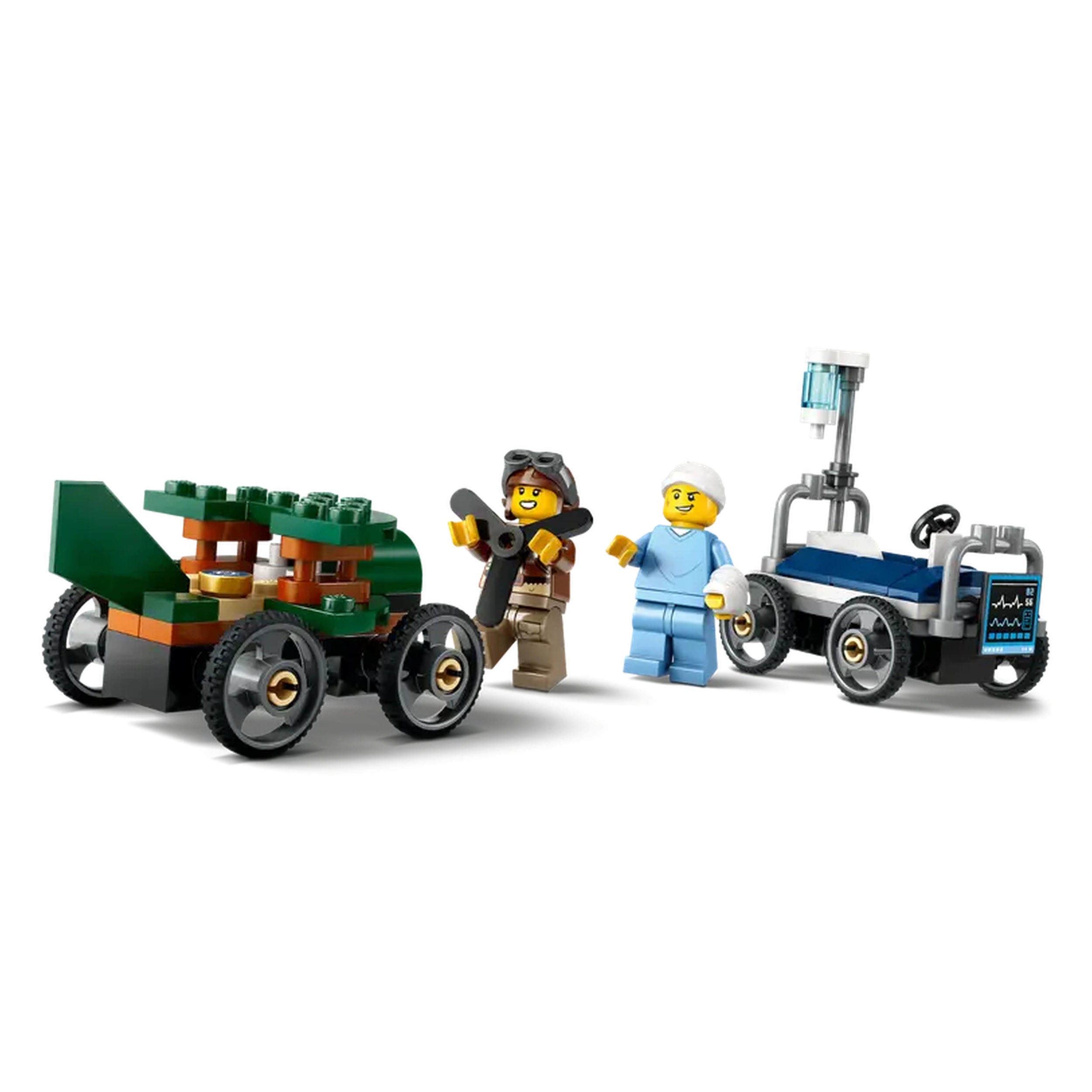LEGO City playset featuring a green soapbox race car with minifigure pilot holding a propeller, alongside a blue hospital bed race car and a nurse minifigure.