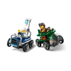LEGO® minifigures in fun vehicles: a hospital bed race car with an IV and a speedy airplane soapbox car, both ready to race.