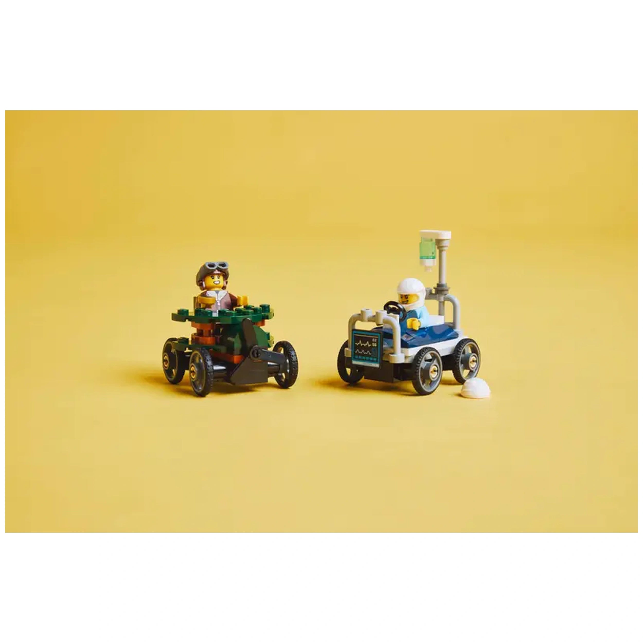 LEGO® City set featuring a pilot in a soapbox race car and a patient in a hospital bed racer, both on a bright yellow background.