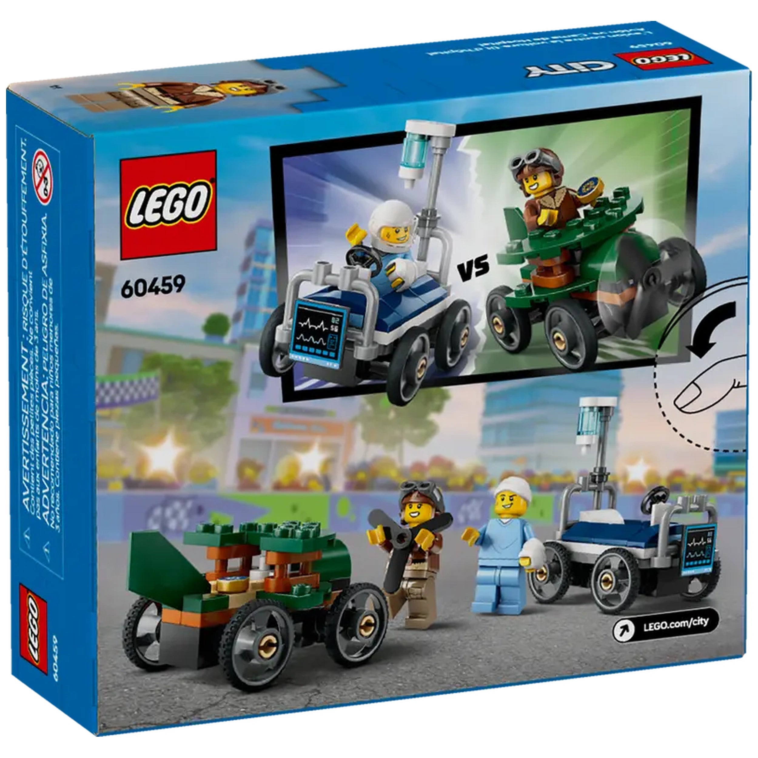 LEGO City Airplane vs. Hospital Bed Race Car Pack box featuring two race cars: a blue soapbox car with a pilot and a green hospital bed racer with a patient.