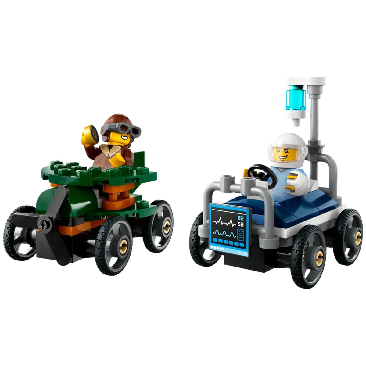 Two colorful LEGO® soapbox race cars are side by side. On the left, a green car features a smiling pilot wearing goggles, holding a steering wheel. On the right, a blue hospital bed car has a cheerful driver in a white outfit, with a medical monitor displaying heart rate. Both vehicles have four wheels and are designed for imaginative play.