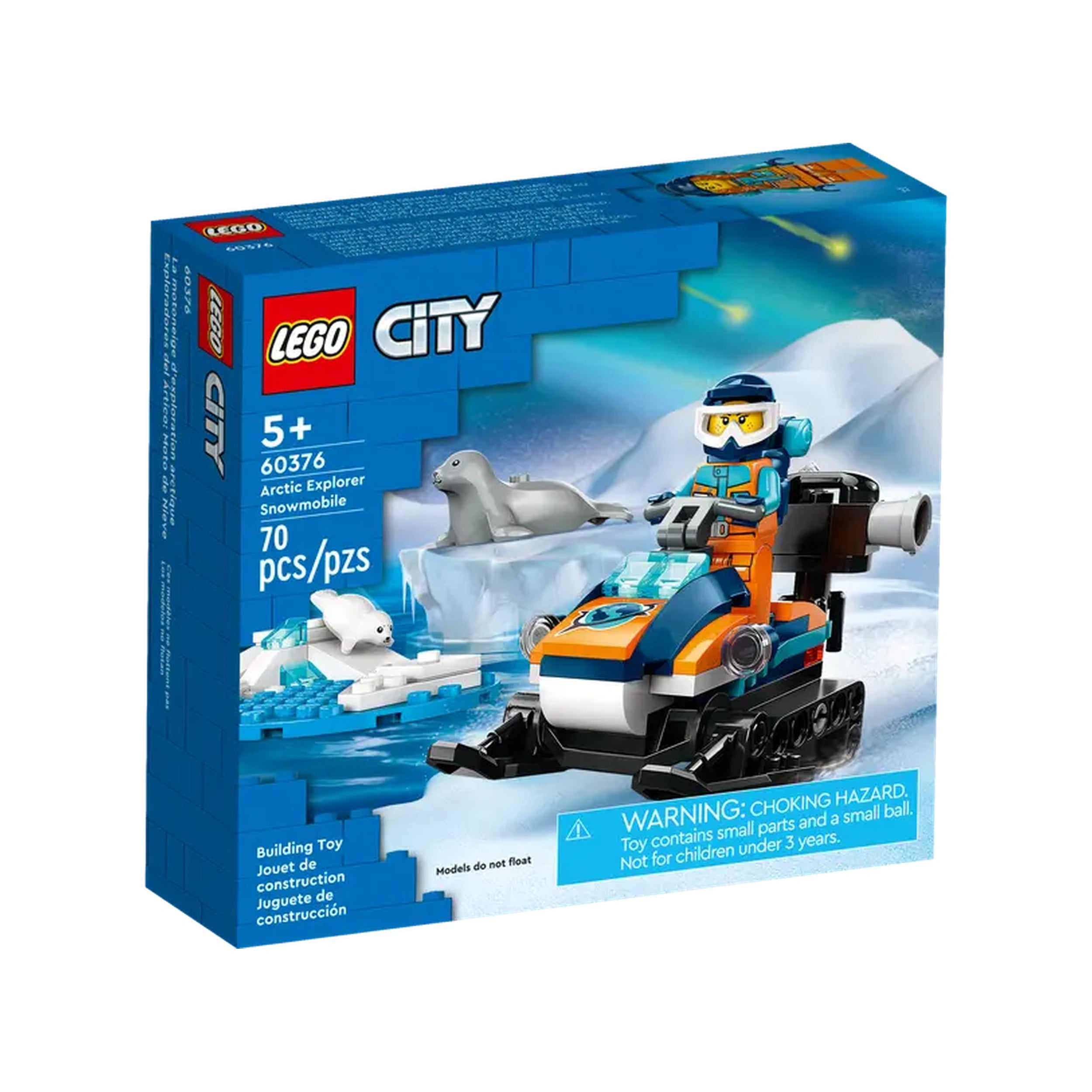 LEGO City Arctic Explorer Snowmobile set showcases a colorful snowmobile with a blue and orange design, accompanied by an explorer minifigure and two seal figures, set against an icy background.