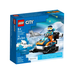LEGO City Arctic Explorer Snowmobile set showcases a colorful snowmobile with a blue and orange design, accompanied by an explorer minifigure and two seal figures, set against an icy background.