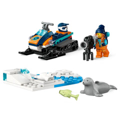 Lego City Arctic Explorer Snowmobile set featuring a colorful snowmobile, an explorer minifigure, and seal figures on a snowy landscape.