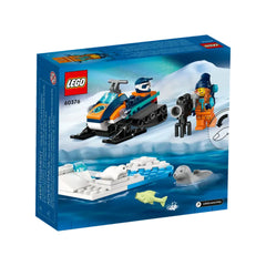 LEGO City Arctic Explorer Snowmobile set features a blue and orange snowmobile on ice, with an explorer minifigure, seals, and a fish.