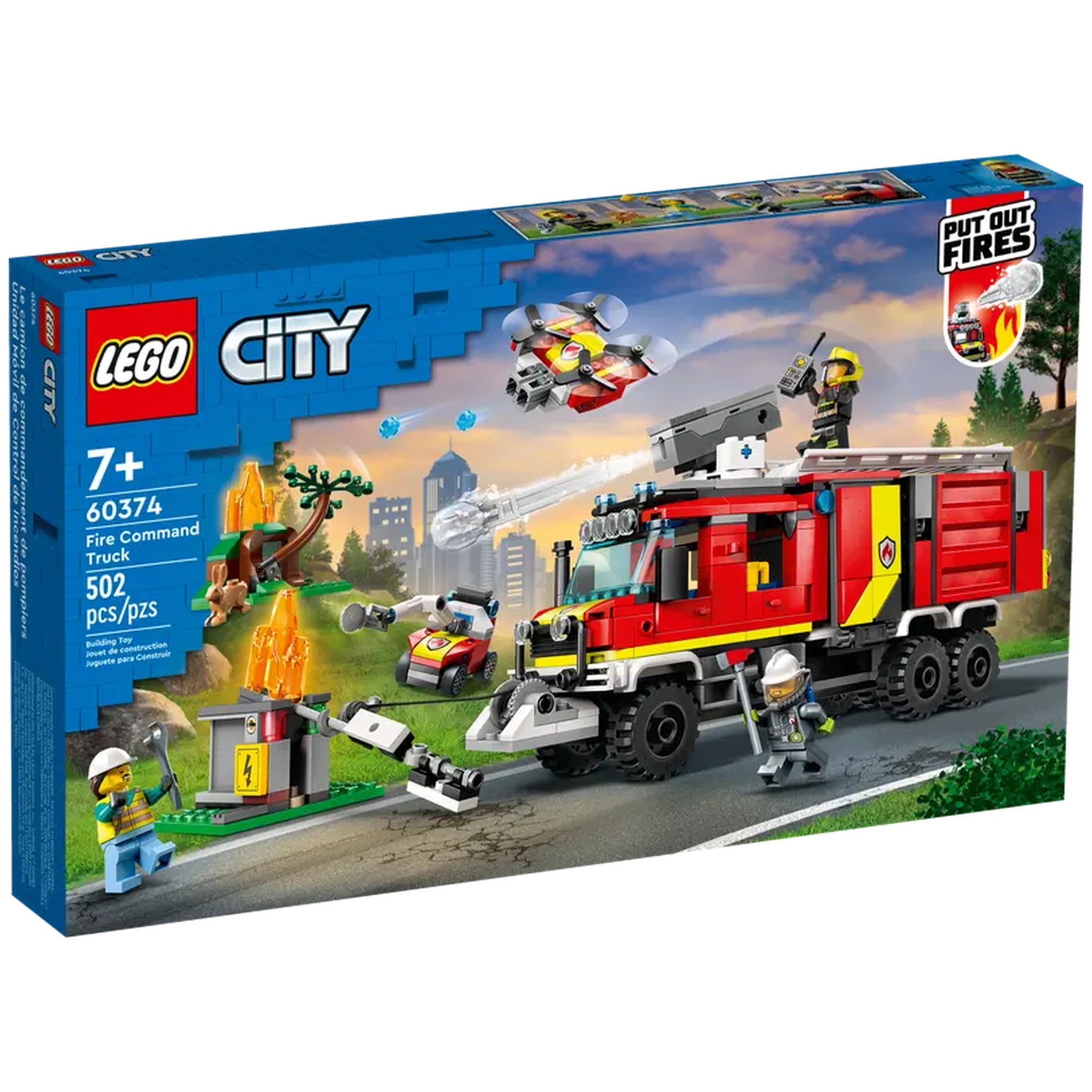 LEGO® City Fire Command Truck set featuring a vibrant red fire truck, fire drones, and minifigures, set against a cityscape backdrop.