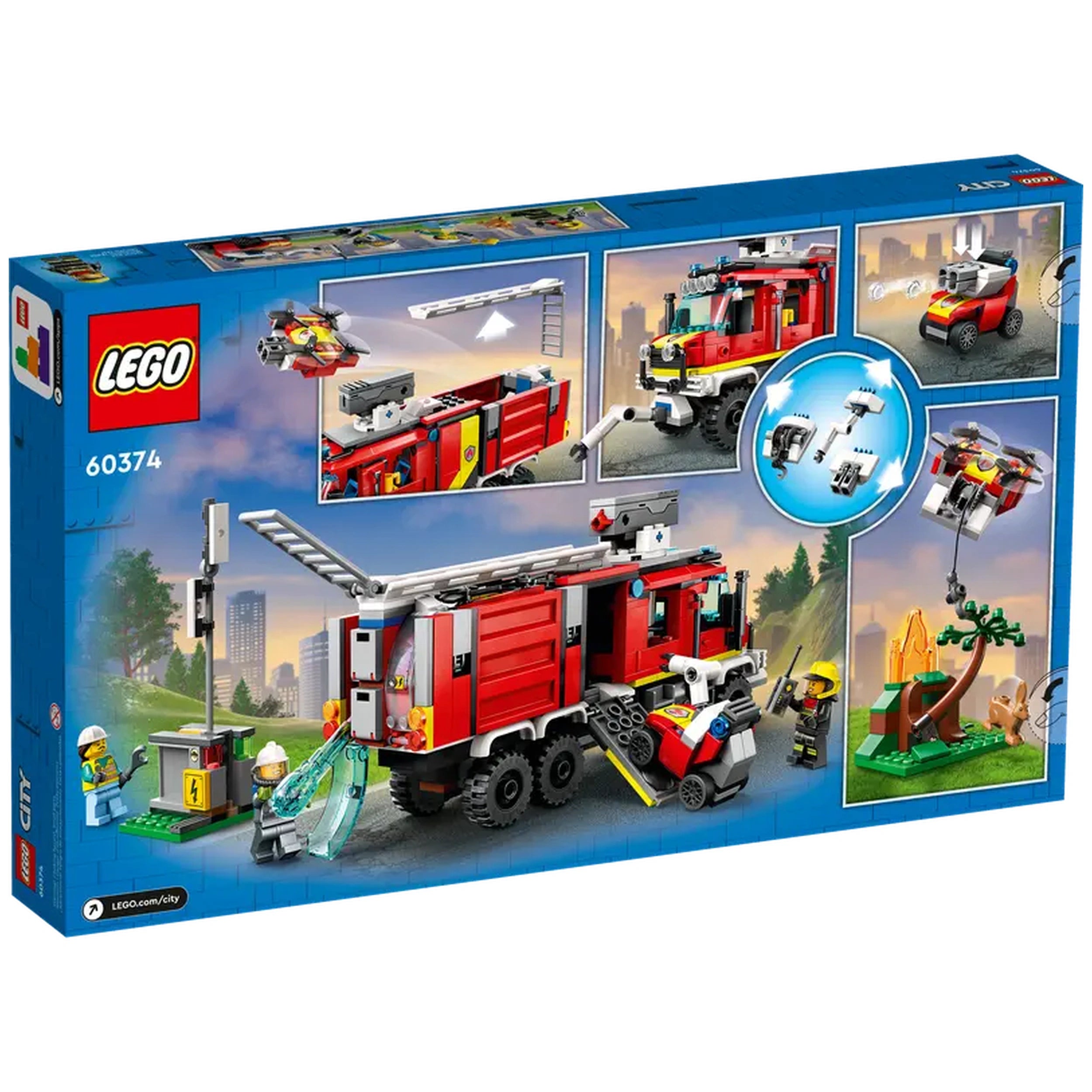 LEGO City Fire Command Truck set featuring a red fire truck with a ladder, minifigures, and fire-fighting accessories displayed on a blue box.