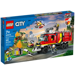 LEGO® City Fire Command Truck set featuring a vibrant red fire truck, fire drones, and minifigures, set against a cityscape backdrop.