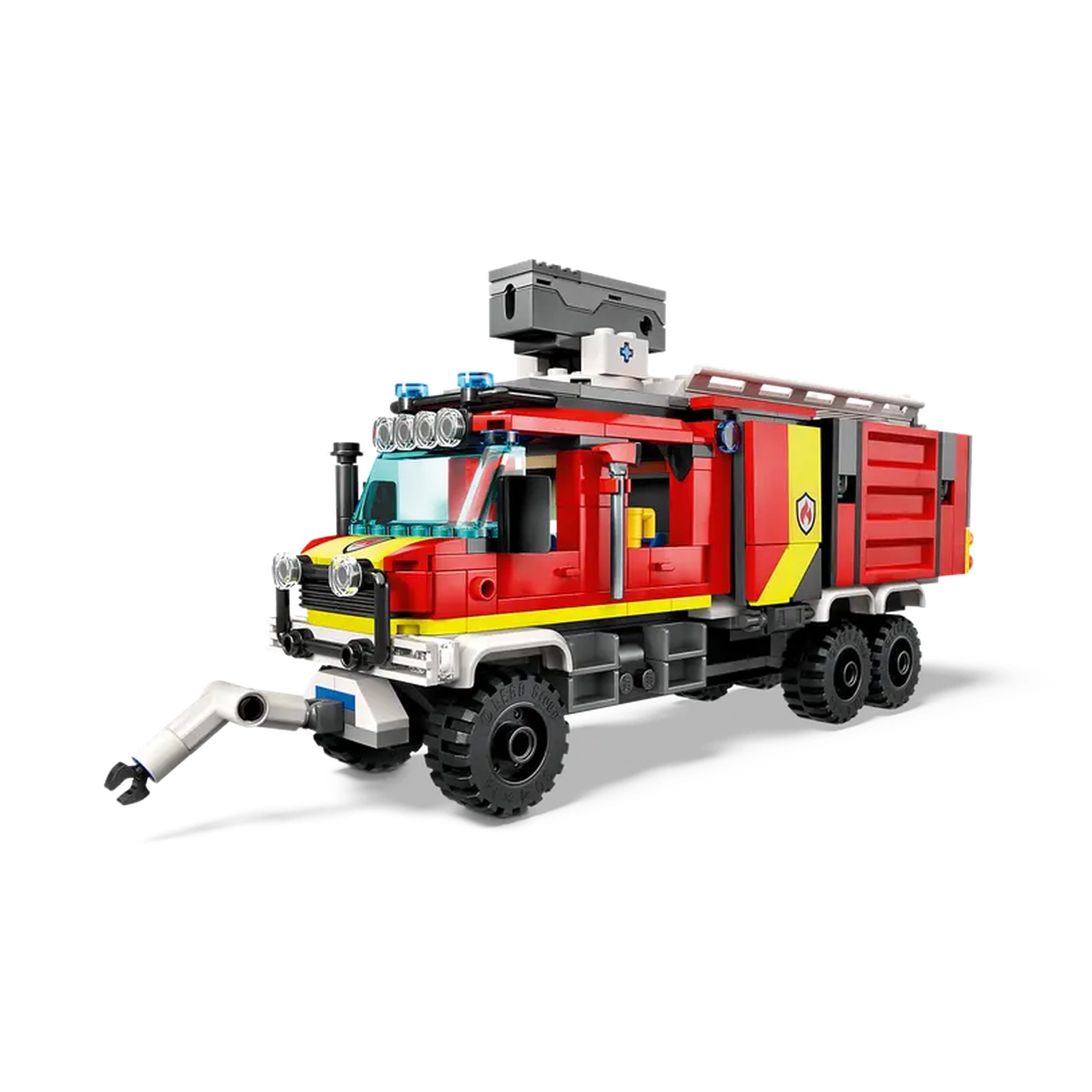 LEGO® City Fire Command Truck in vibrant red and yellow, featuring a detachable control center, water hose, and rugged tires.