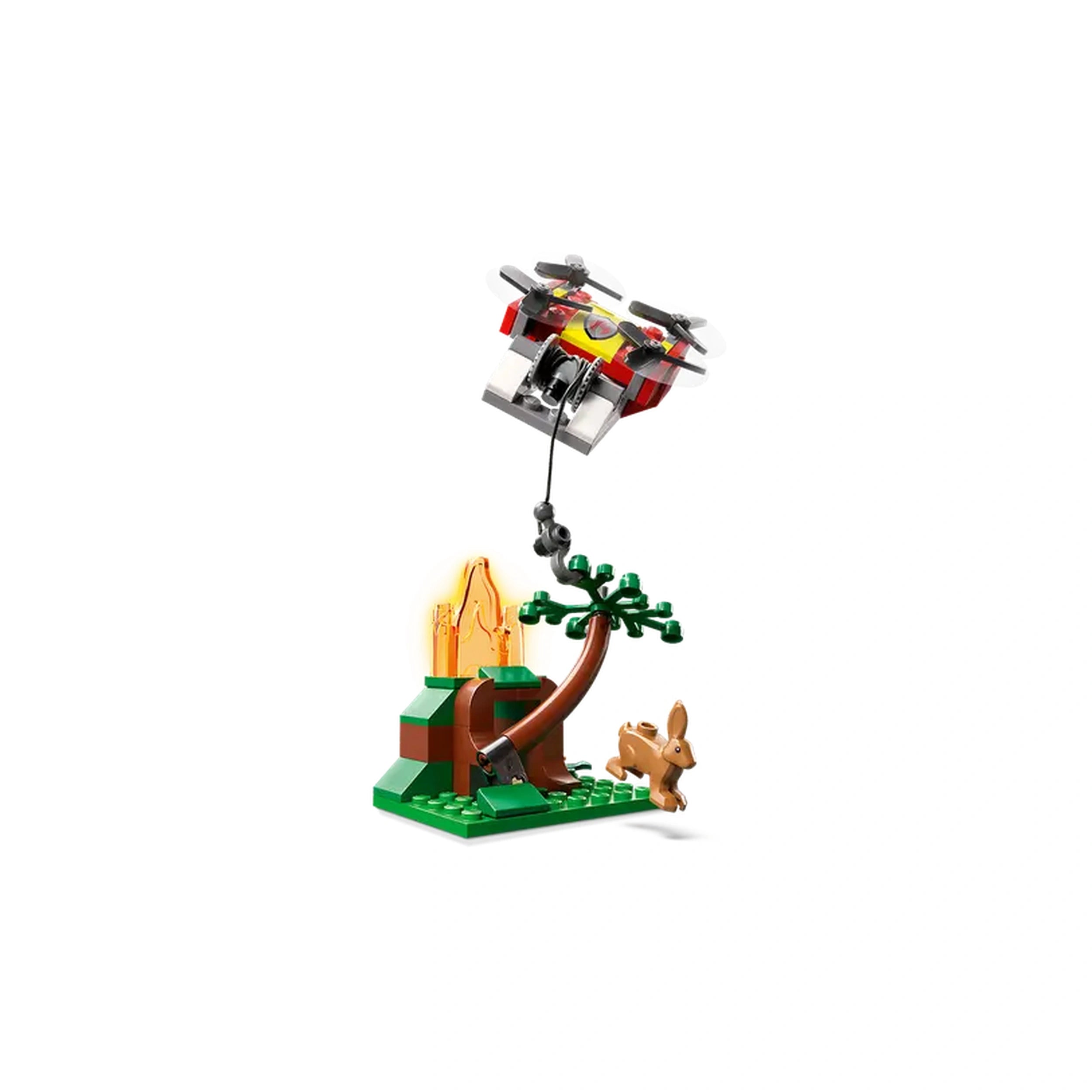 LEGO City Fire Command Truck playset featuring a red drone above a tree with flames, a brown rabbit, and green building elements.