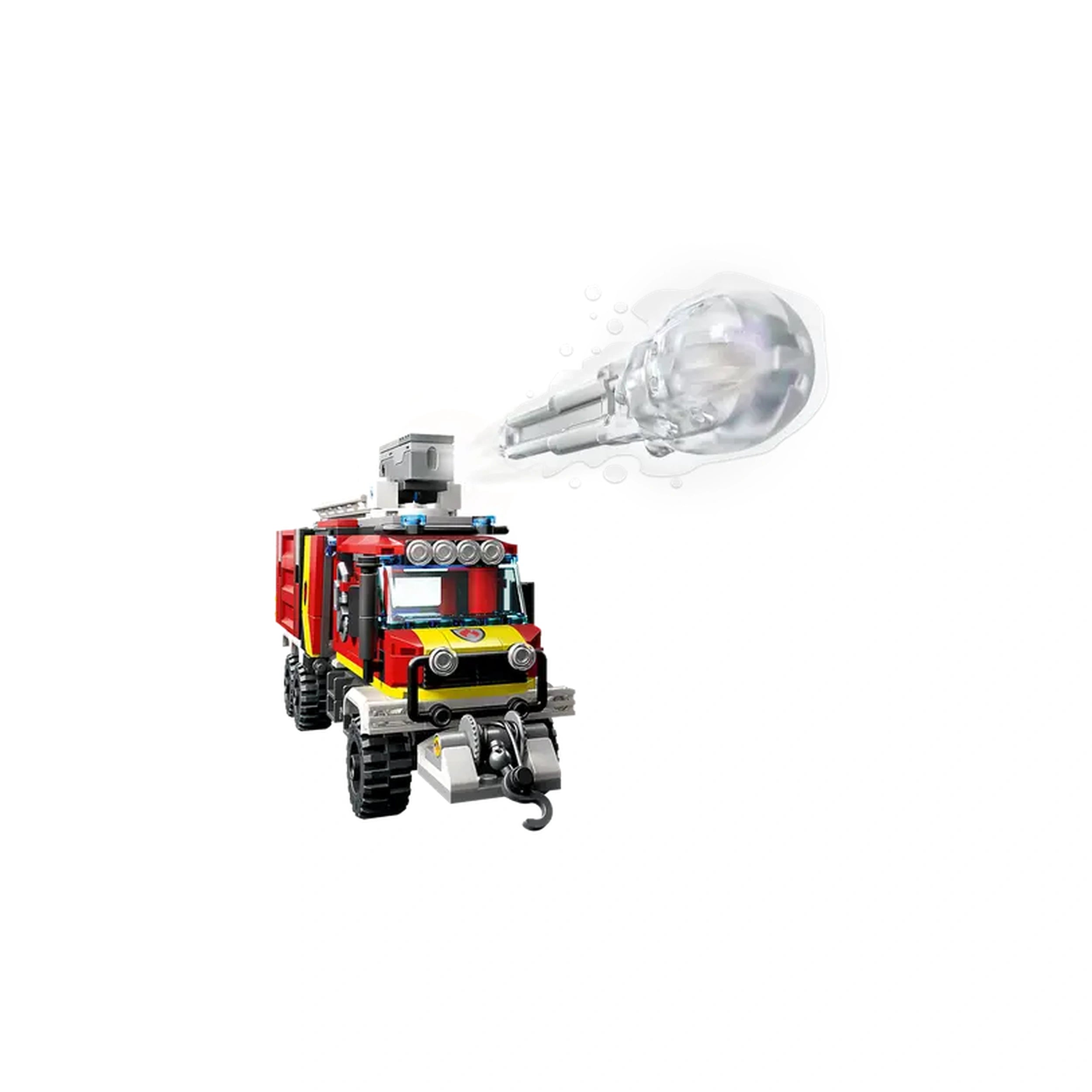 LEGO City Fire Command Truck in vibrant red and yellow, with a water cannon shooting foam. Two minifigures are included.