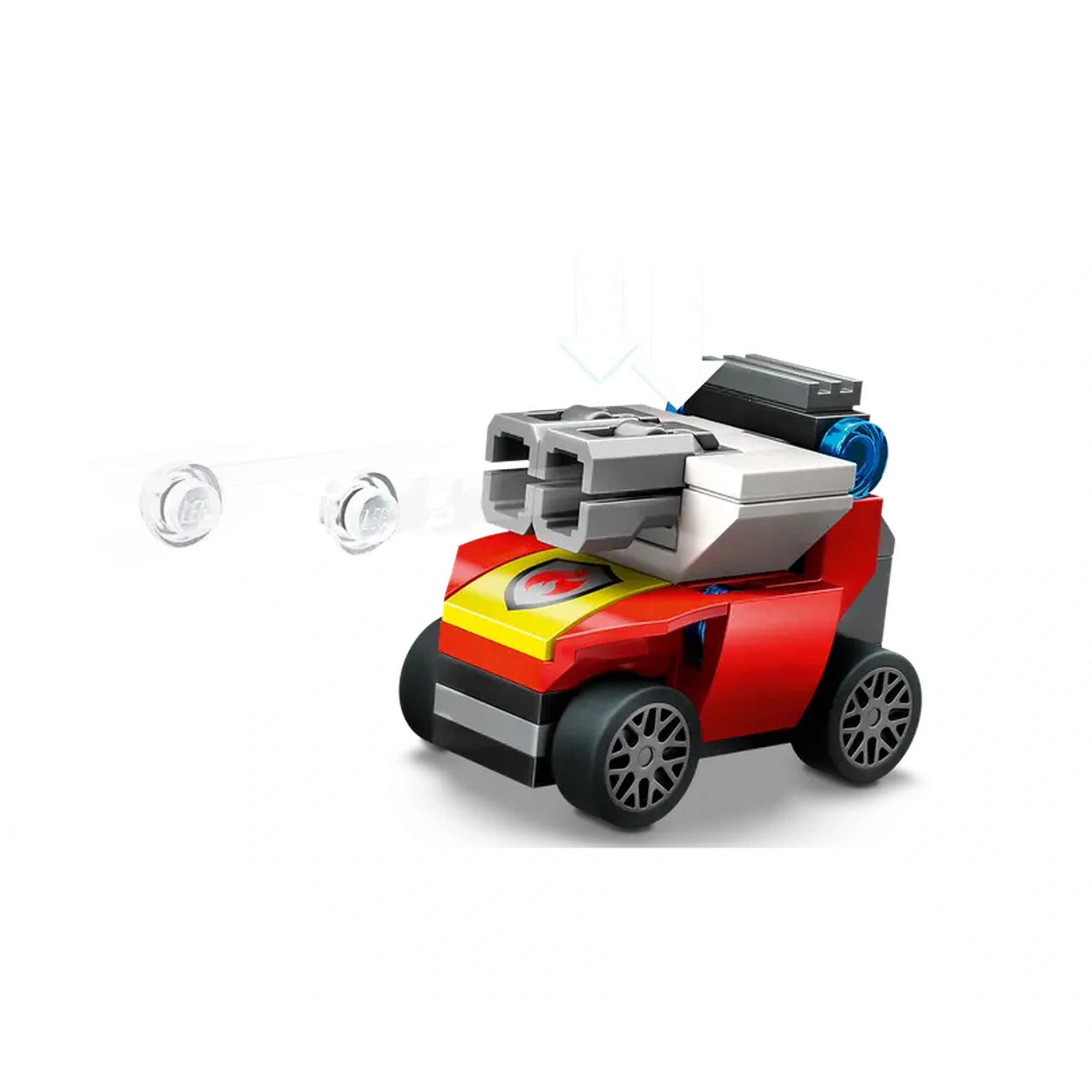 Red LEGO City Fire Command Truck with a detachable control center, equipped with dual water launchers and black wheels, is ready for action.